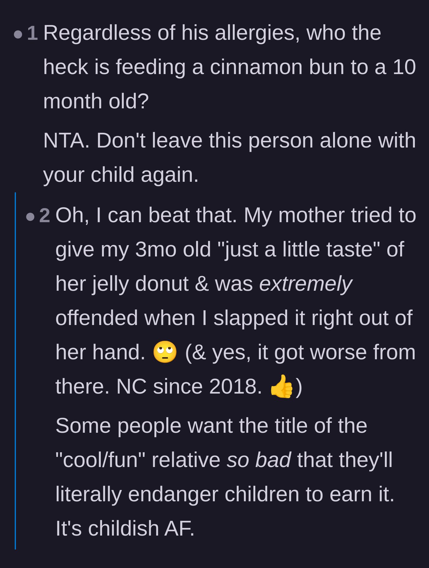 Comment thread 2 - Shared horror stories of older generations recklessly feeding dangerous foods to infants to play the fun relative