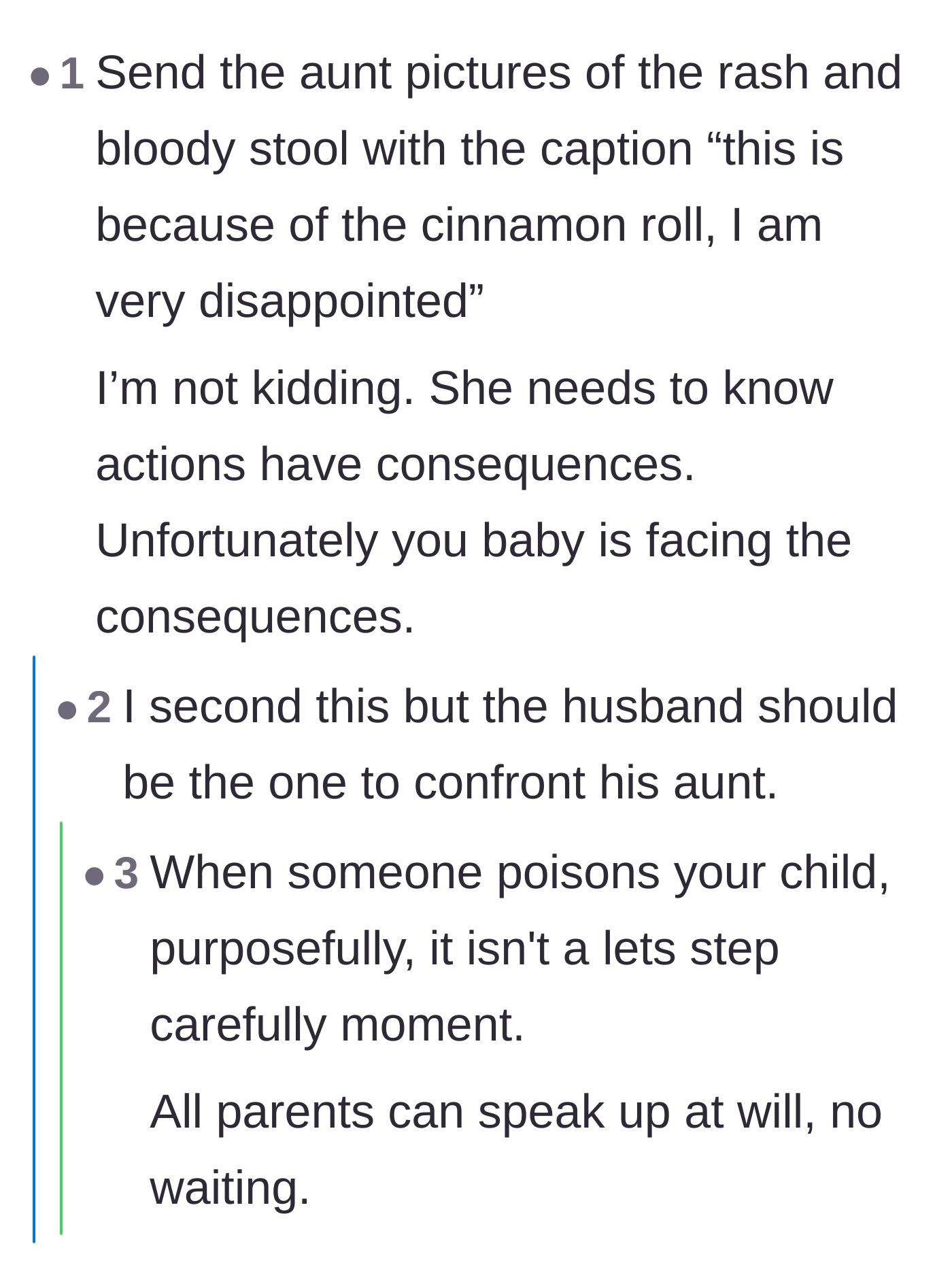 Comment thread 4 - Recommendations to send a blunt, unapologetic message with photos directly to the aunt