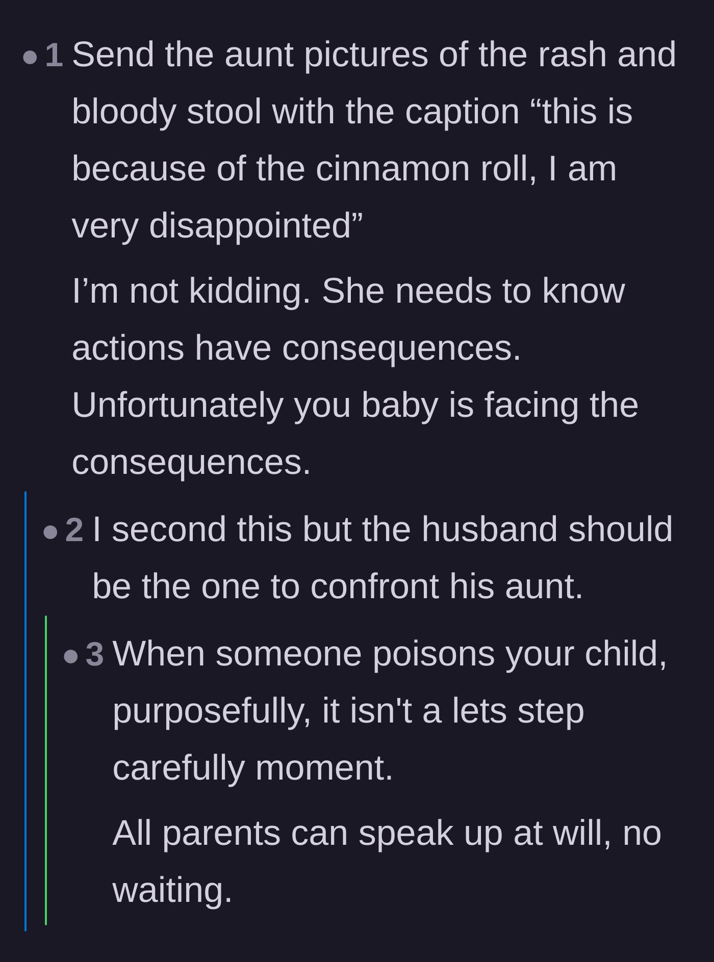 Comment thread 4 - Recommendations to send a blunt, unapologetic message with photos directly to the aunt