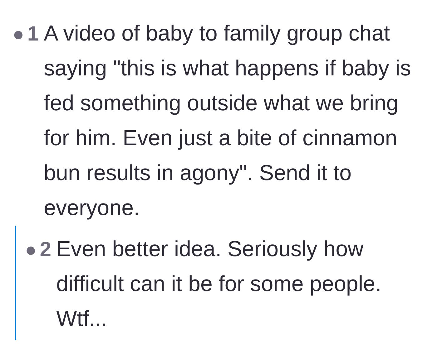 Comment thread 5 - Debating the effectiveness of shaming the aunt in a family group chat while protecting the infant's privacy