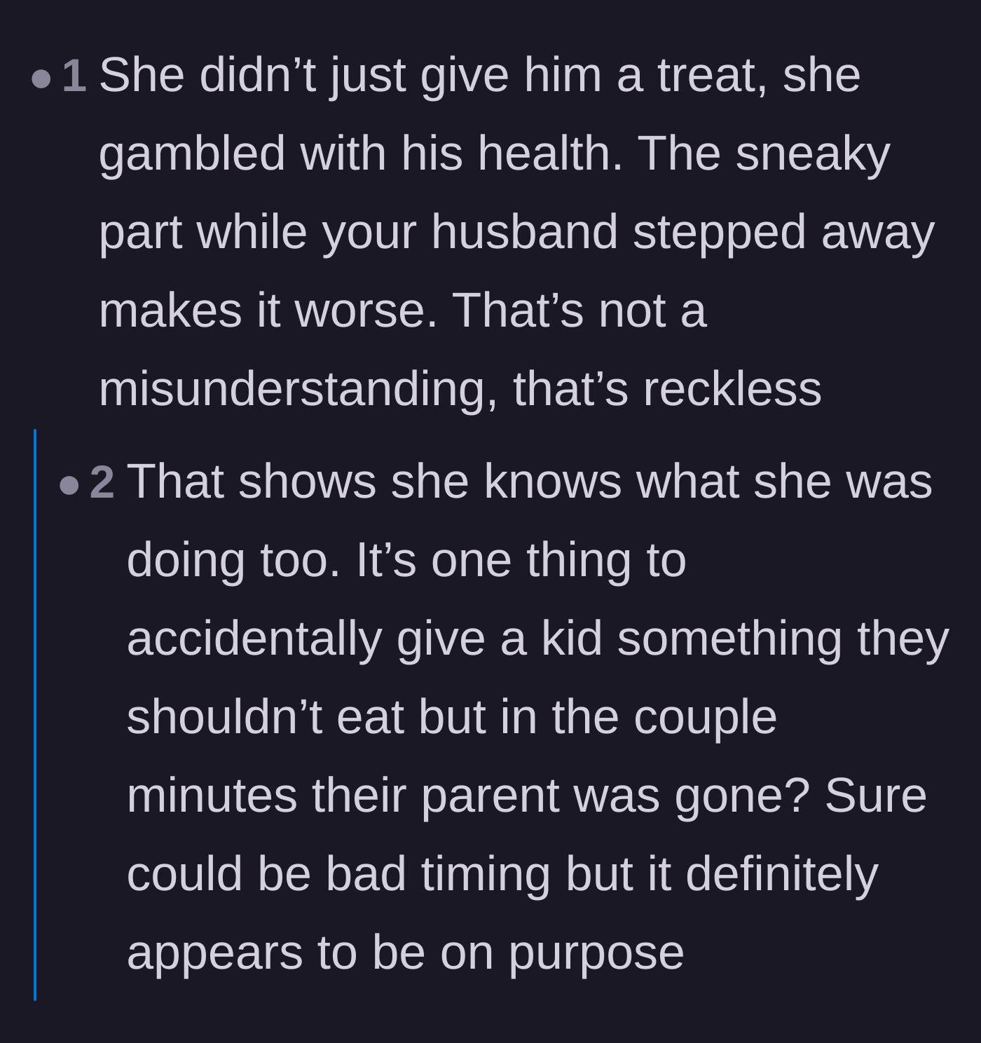 Comment thread 6 - Analysis of the aunt's calculated timing to feed the baby while the father stepped away