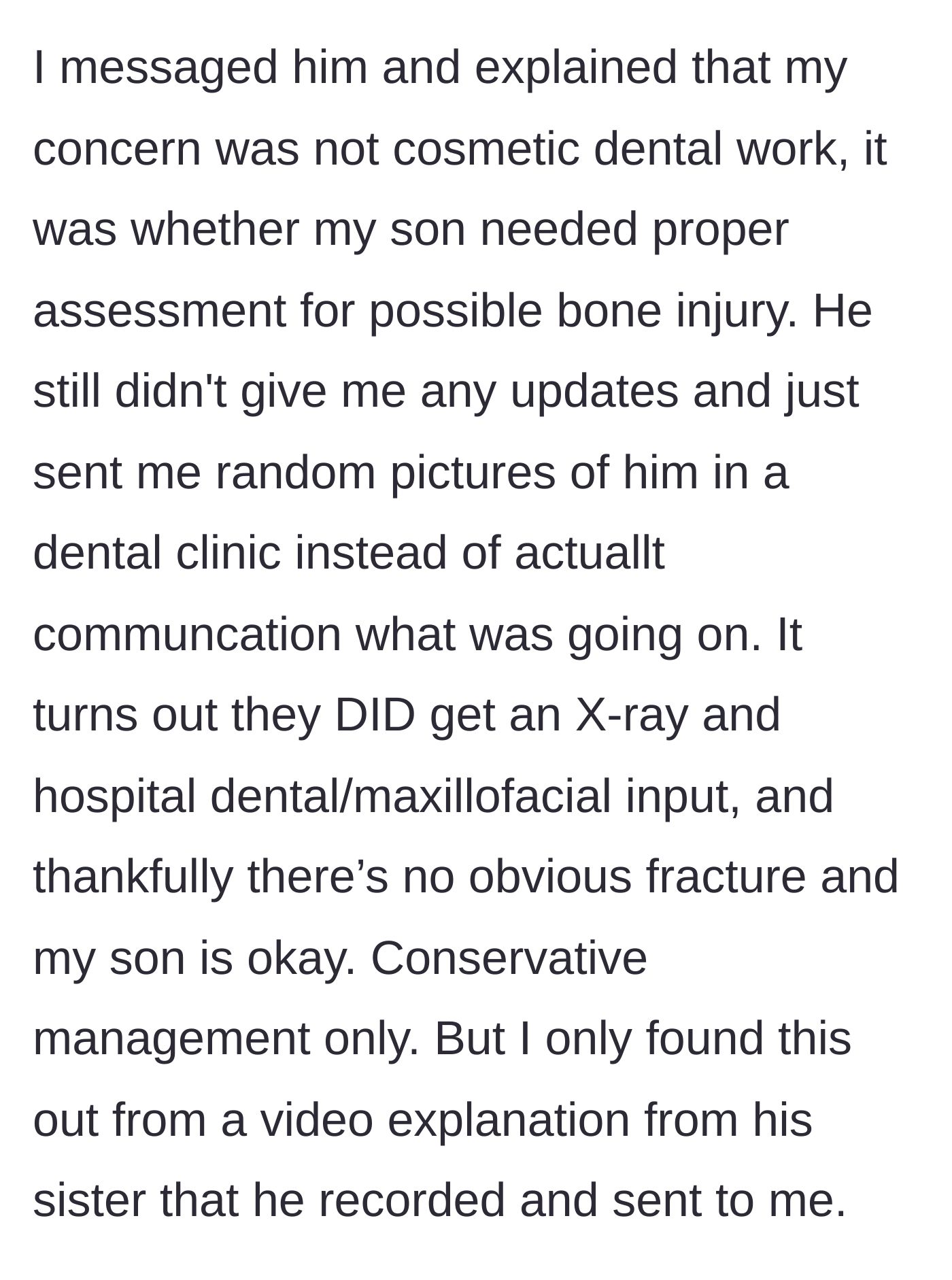 Story part 4 - The mother begs for medical updates on a potential bone fracture but only receives random photos and a recorded video from the estranged sister-in-law.