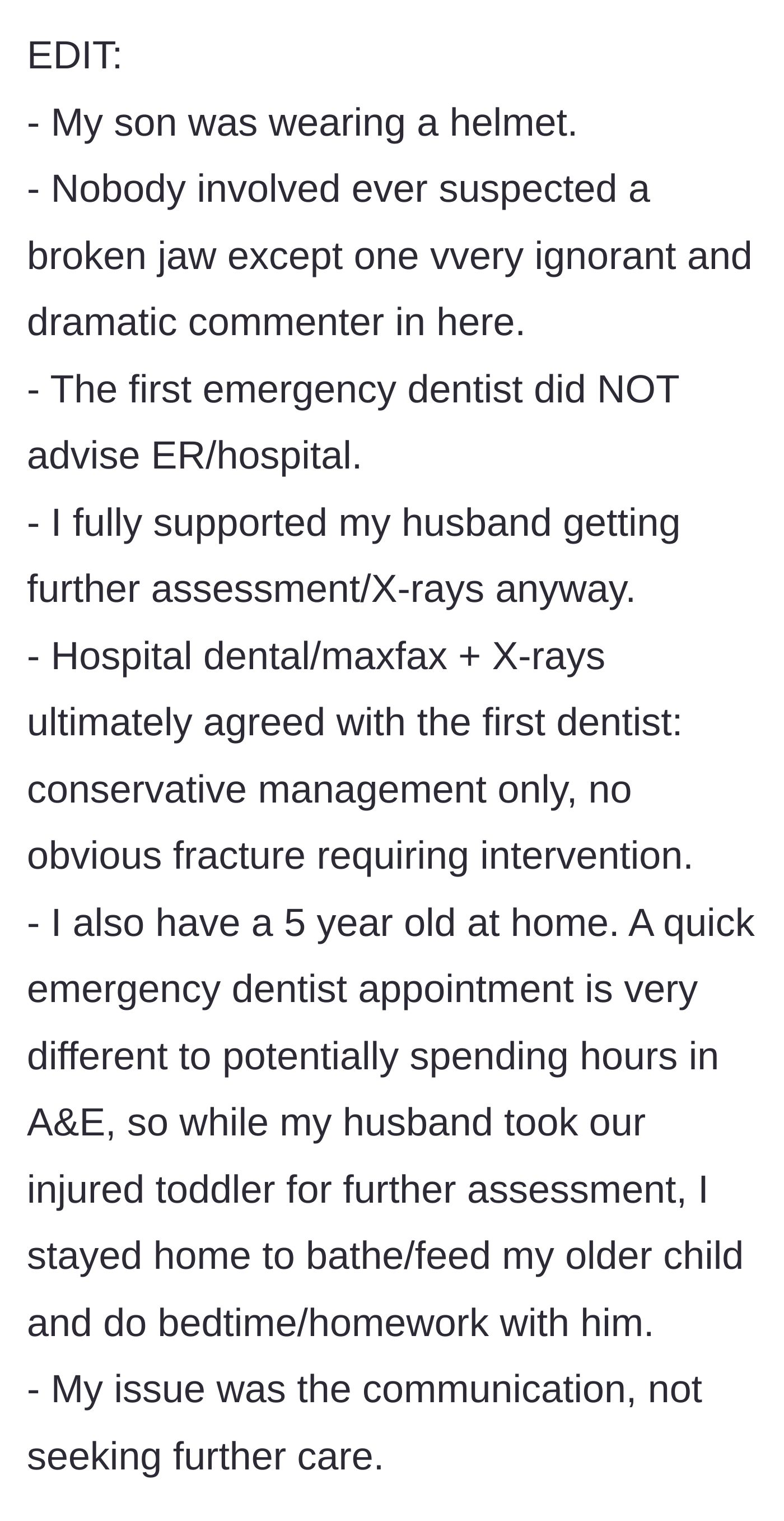 Story part 6 - The mother provides factual clarifications, emphasizing that she stayed home to care for their older child and that the core issue was communication.