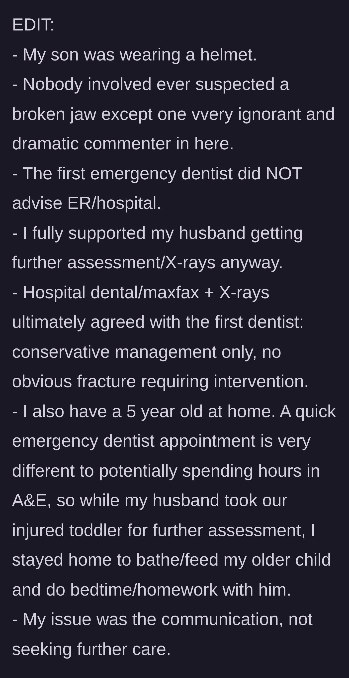Story part 6 - The mother provides factual clarifications, emphasizing that she stayed home to care for their older child and that the core issue was communication.