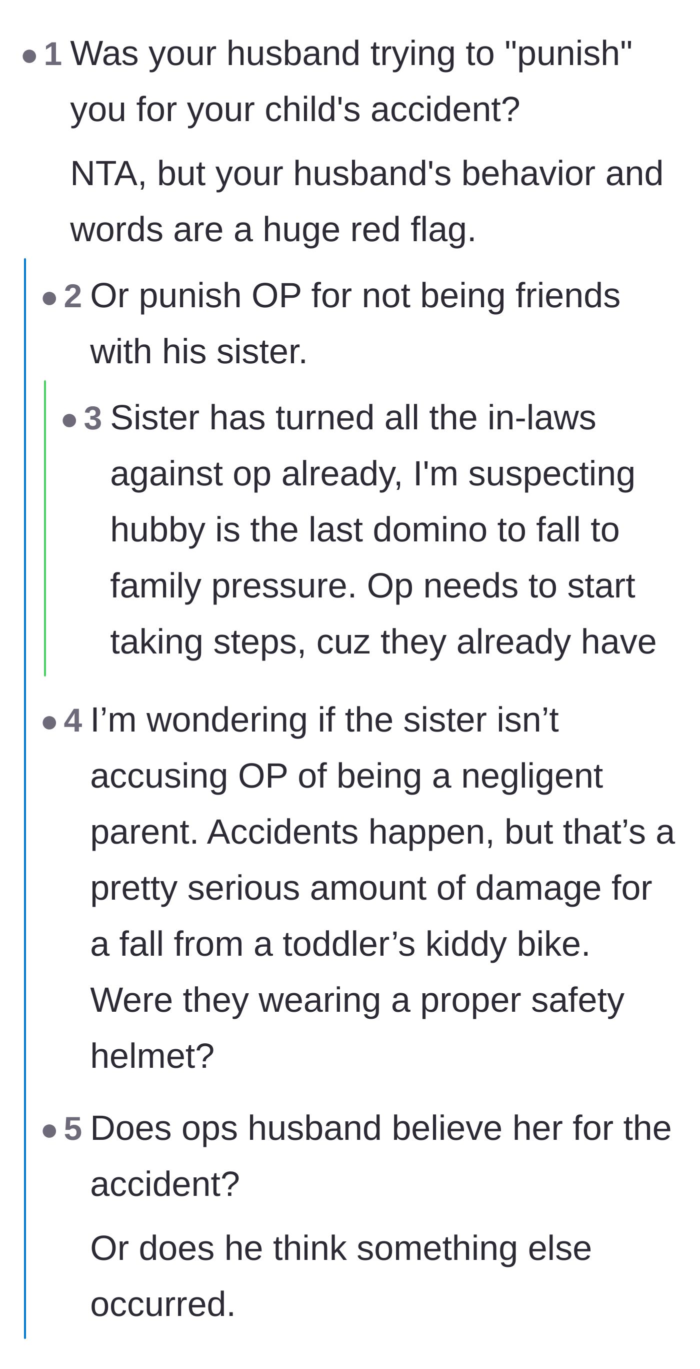 Comment thread 3 - Debating whether the husband suspected actual negligence, prompting the mother to clarify the accident's details.