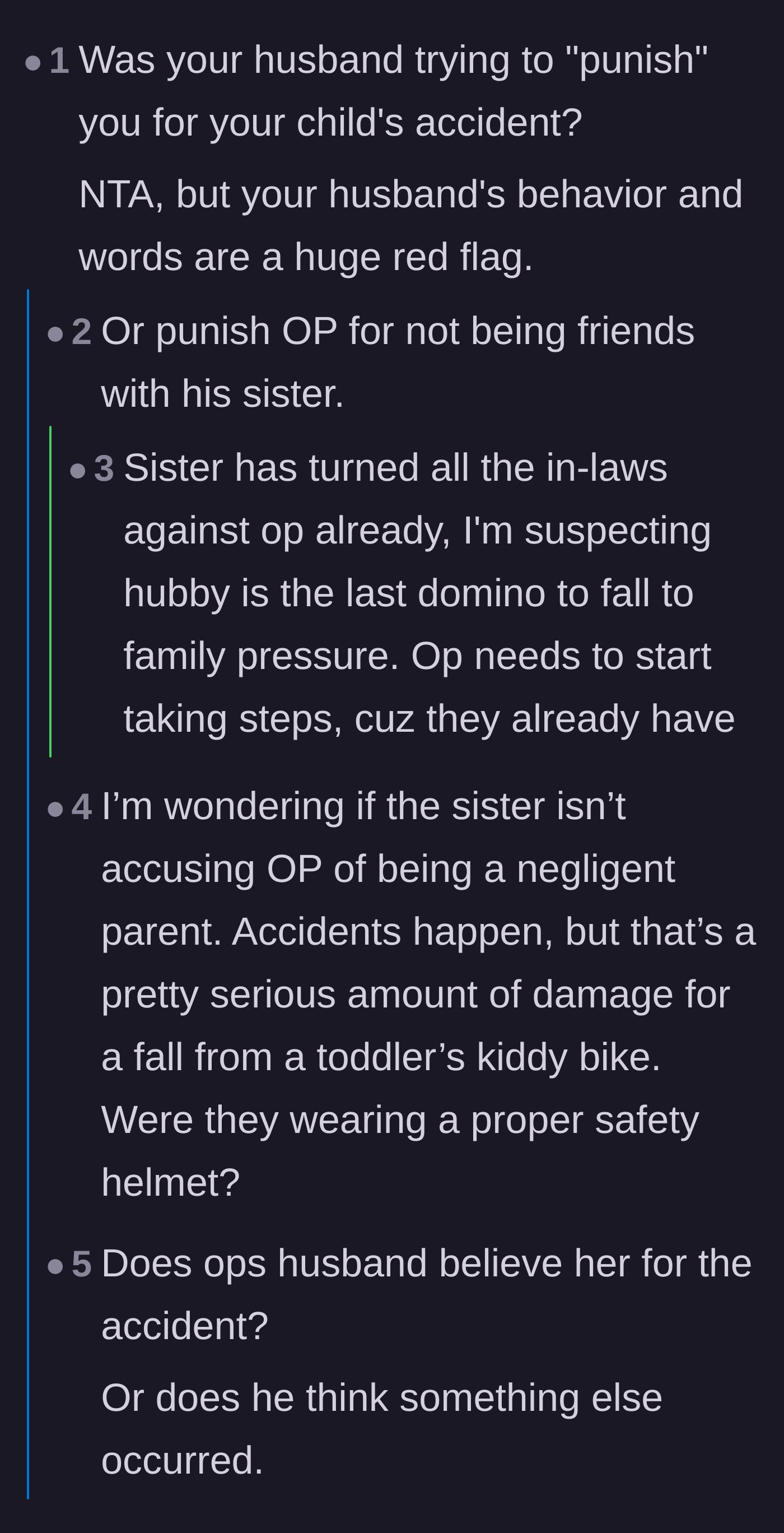 Comment thread 3 - Debating whether the husband suspected actual negligence, prompting the mother to clarify the accident's details.