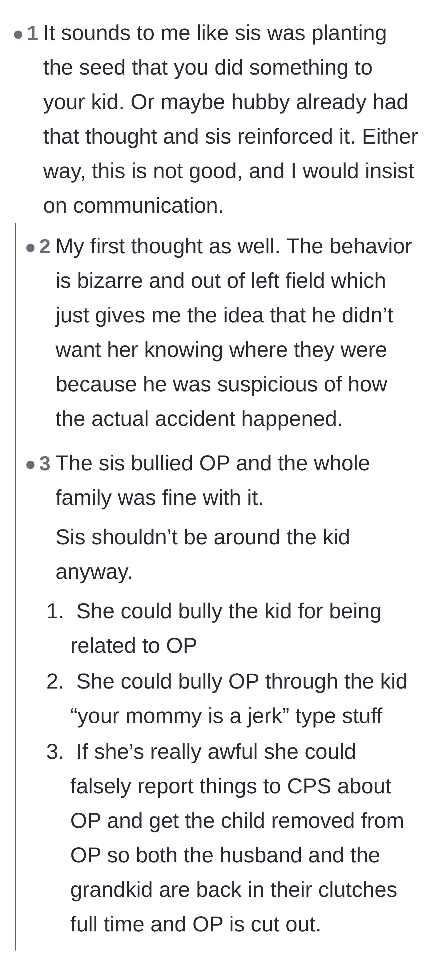 Comment thread 4 - Warnings about the sister-in-law potentially weaponizing her status as a medical professional to make false reports.