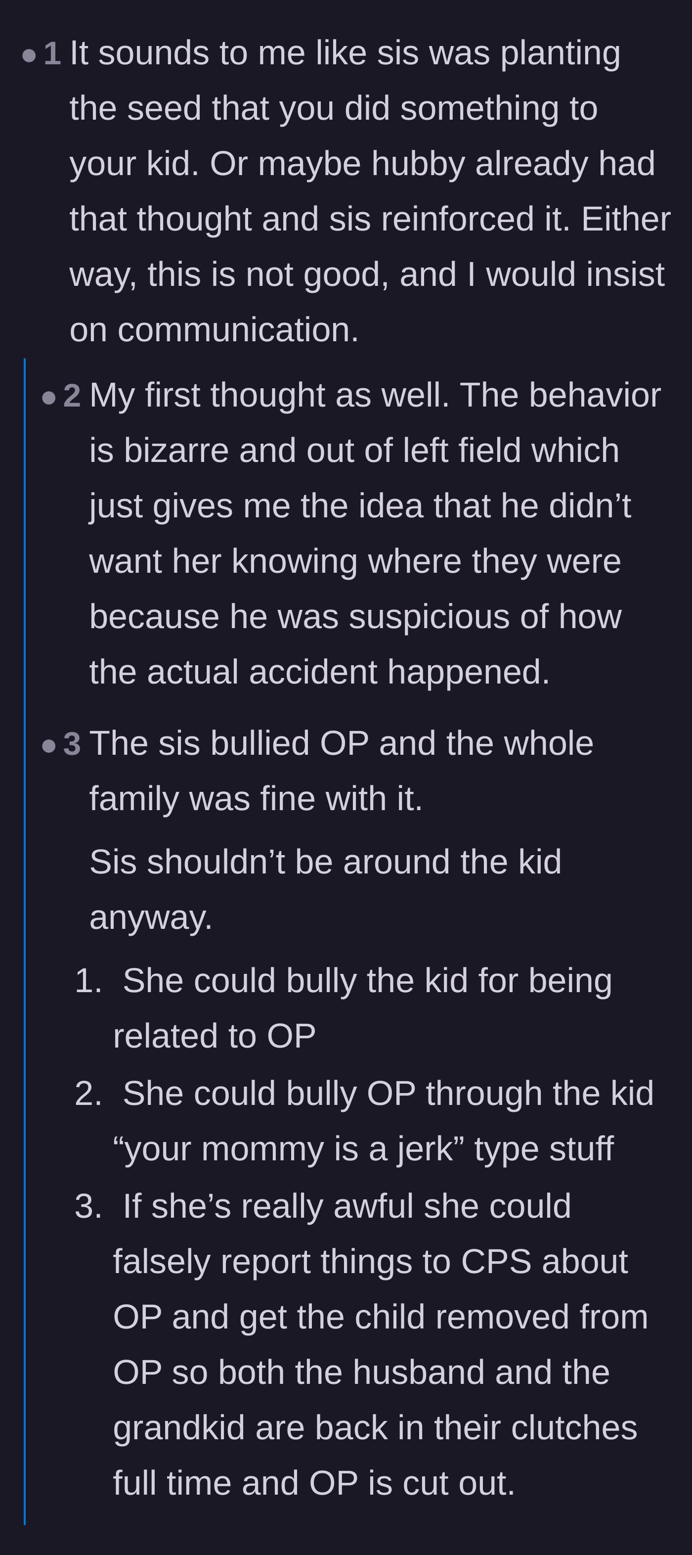 Comment thread 4 - Warnings about the sister-in-law potentially weaponizing her status as a medical professional to make false reports.