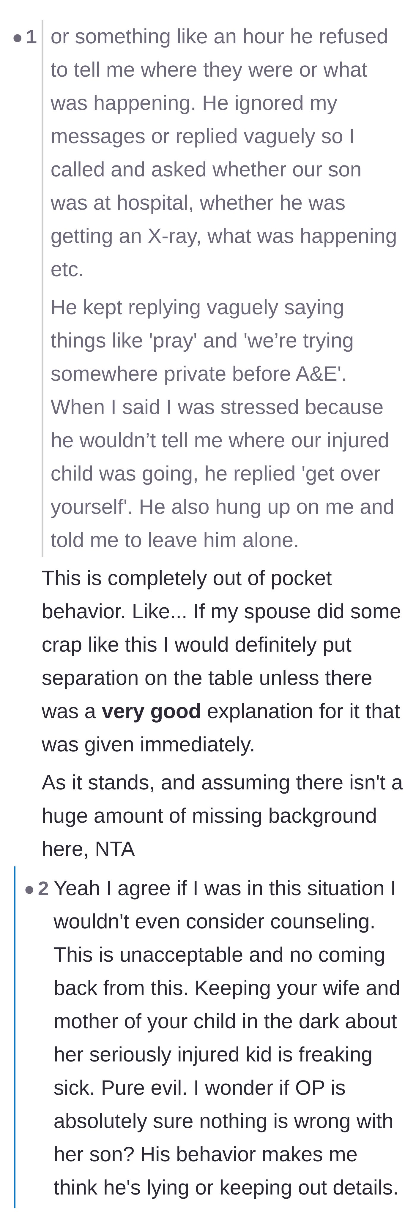 Comment thread 5 - Outrage over the manipulative text messages and widespread calls for the mother to consider separation.