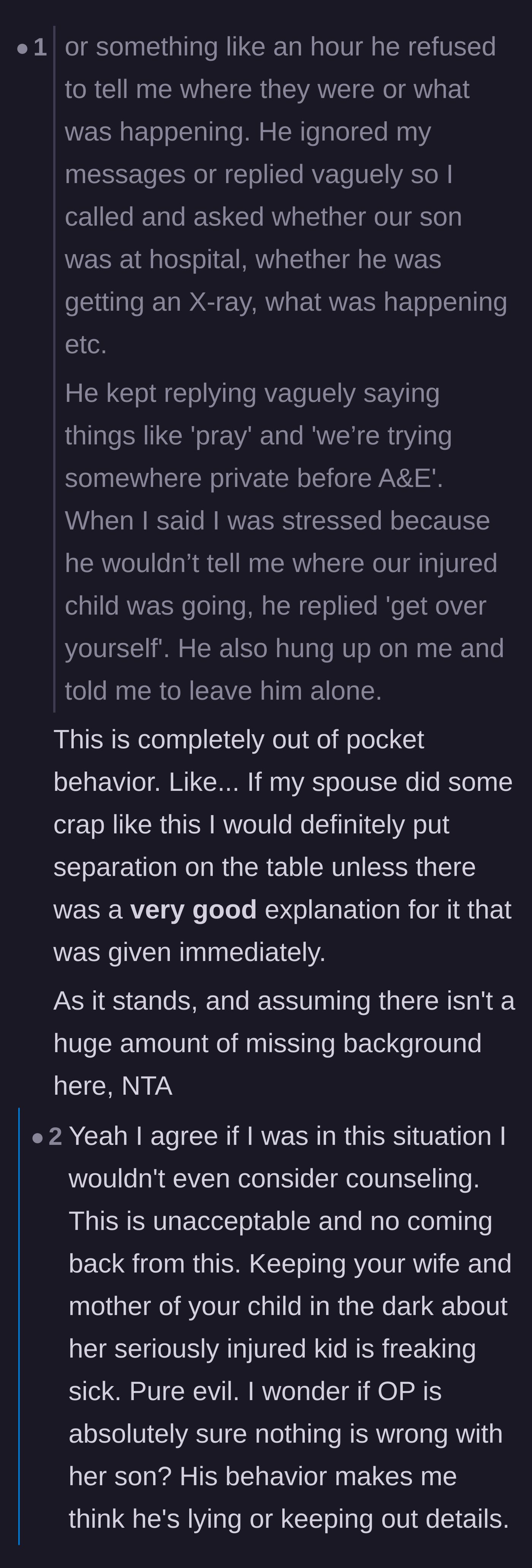 Comment thread 5 - Outrage over the manipulative text messages and widespread calls for the mother to consider separation.