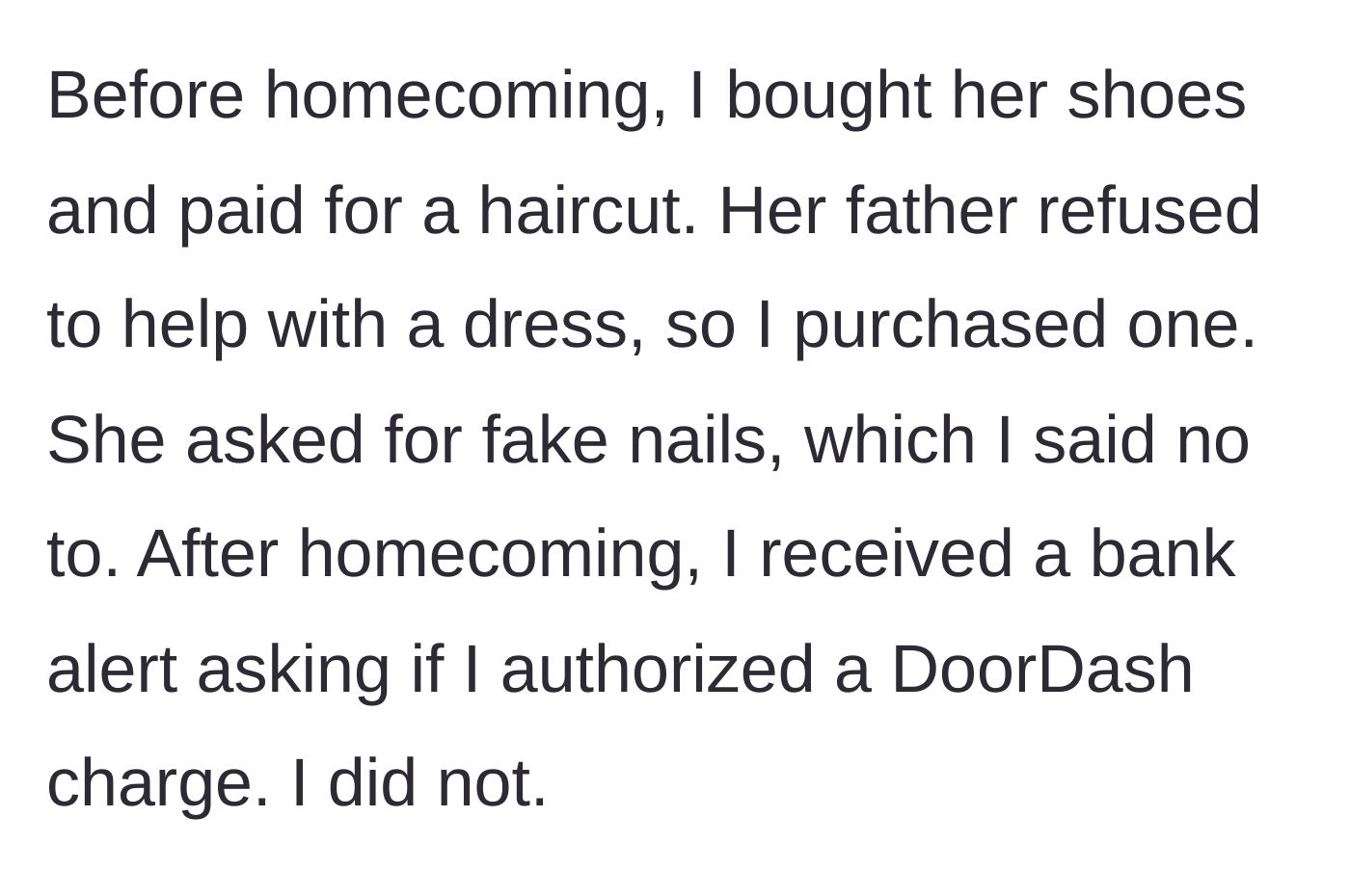 Story part 5 - The mother buys homecoming items but denies fake nails, later discovering unauthorized charges.