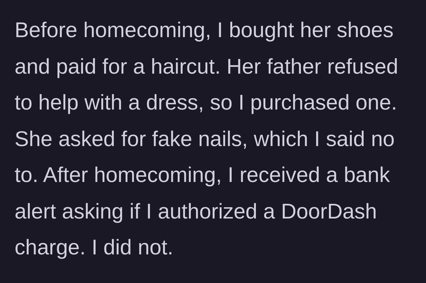 Story part 5 - The mother buys homecoming items but denies fake nails, later discovering unauthorized charges.