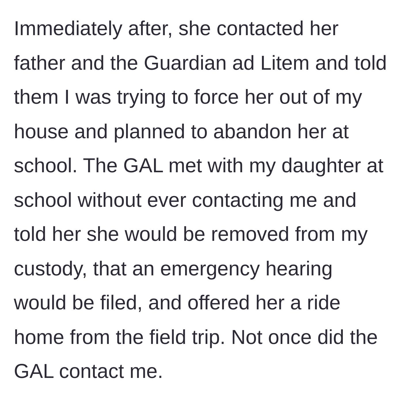Story part 8 - The daughter contacts her father and the advocate, fabricating a story about being kicked out and abandoned.