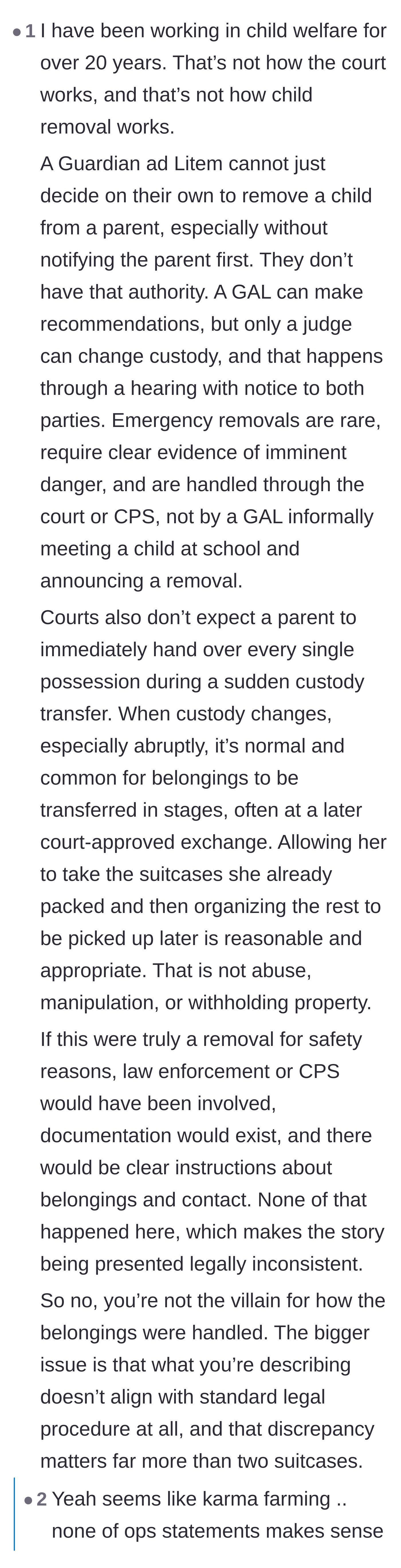 Comment thread 3 - A child welfare professional explaining that the legal procedures described in the story are completely inaccurate.