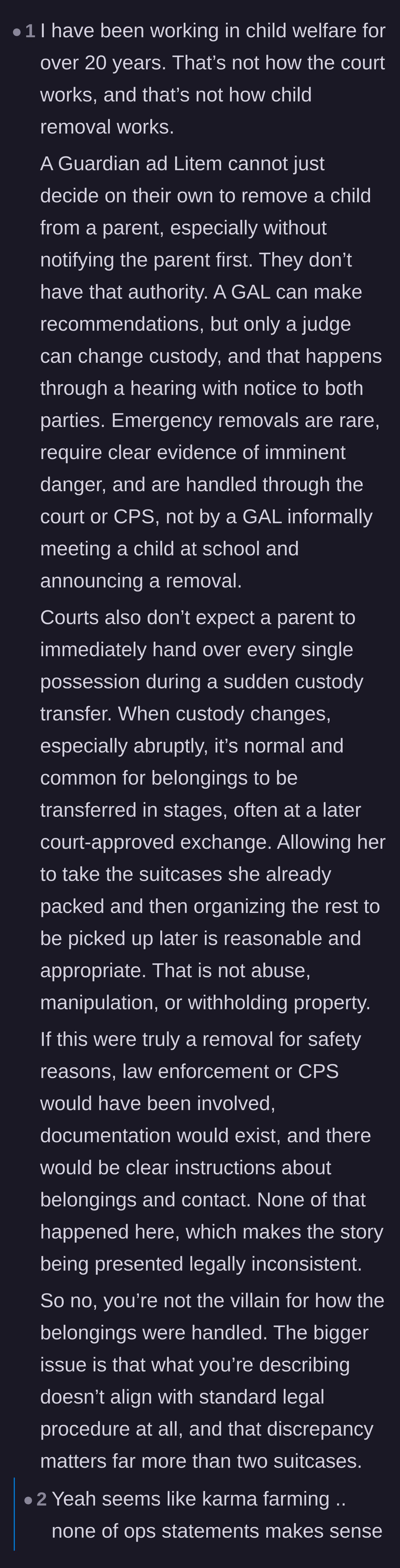 Comment thread 3 - A child welfare professional explaining that the legal procedures described in the story are completely inaccurate.