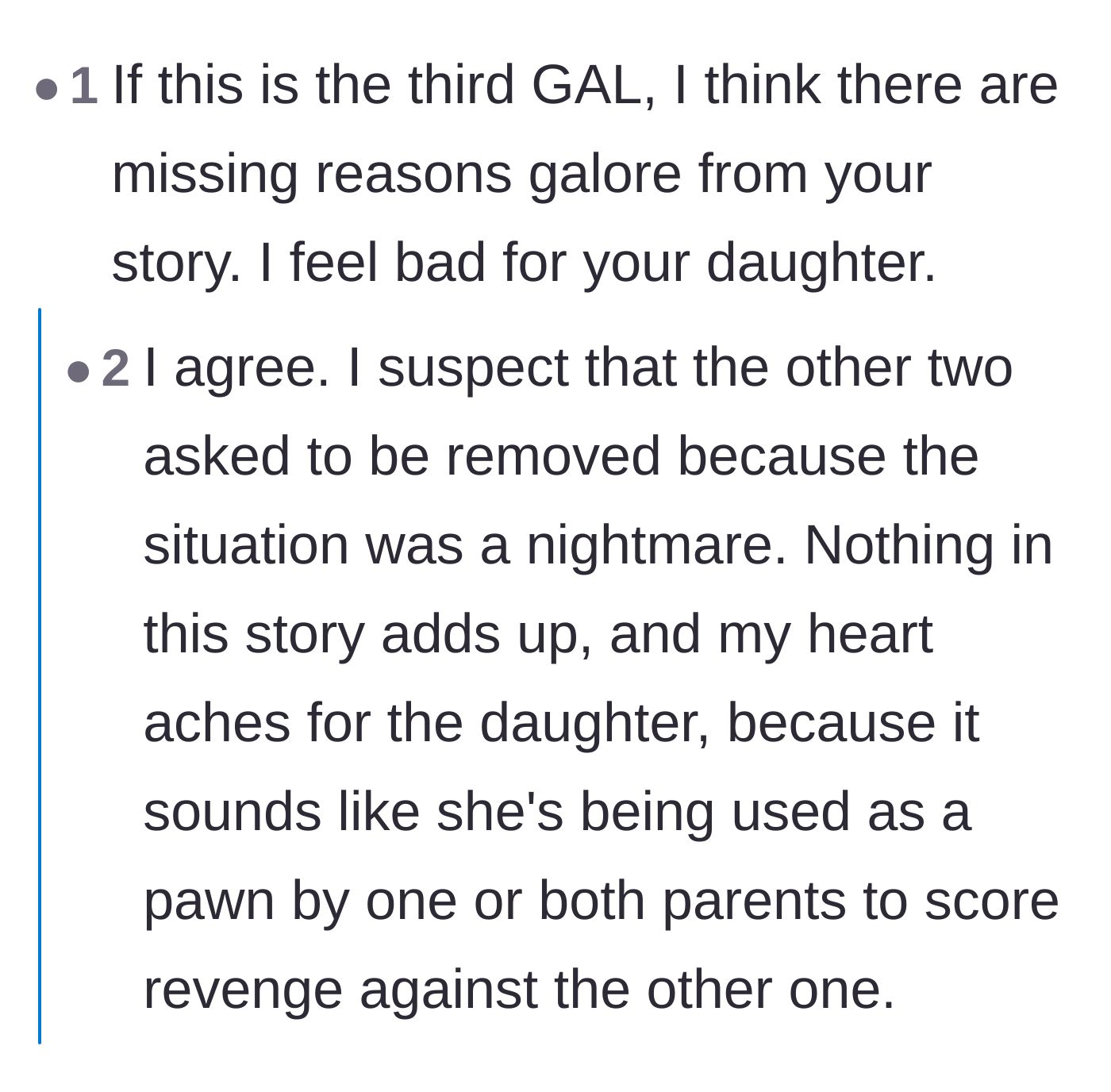 Comment thread 4 - Readers expressing deep sympathy for the daughter and pointing out the red flag of going through three court advocates.