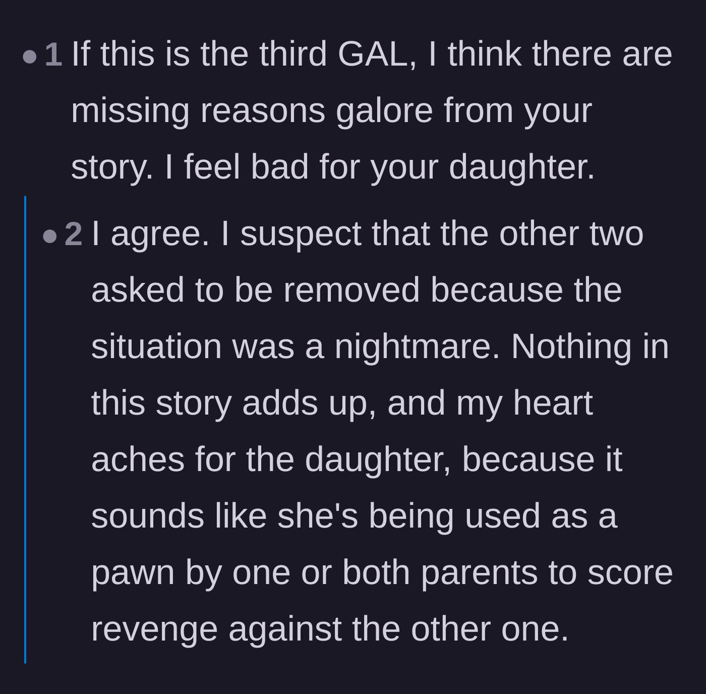 Comment thread 4 - Readers expressing deep sympathy for the daughter and pointing out the red flag of going through three court advocates.