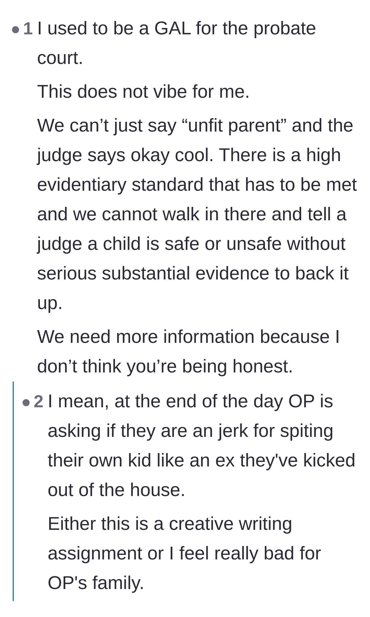 Comment thread 6 - A former court advocate calling out the mother's story for failing to align with strict evidentiary standards for child removal.