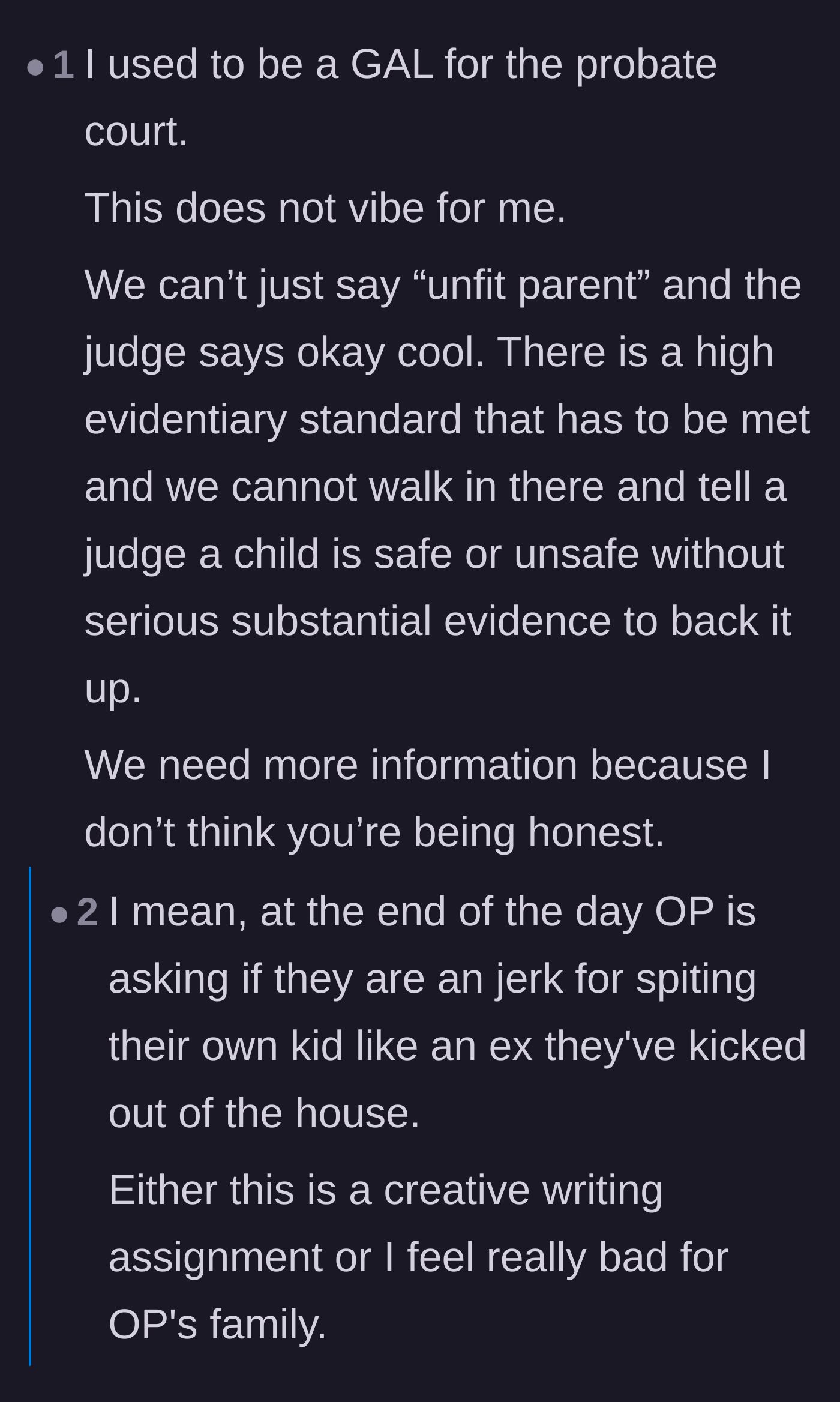 Comment thread 6 - A former court advocate calling out the mother's story for failing to align with strict evidentiary standards for child removal.