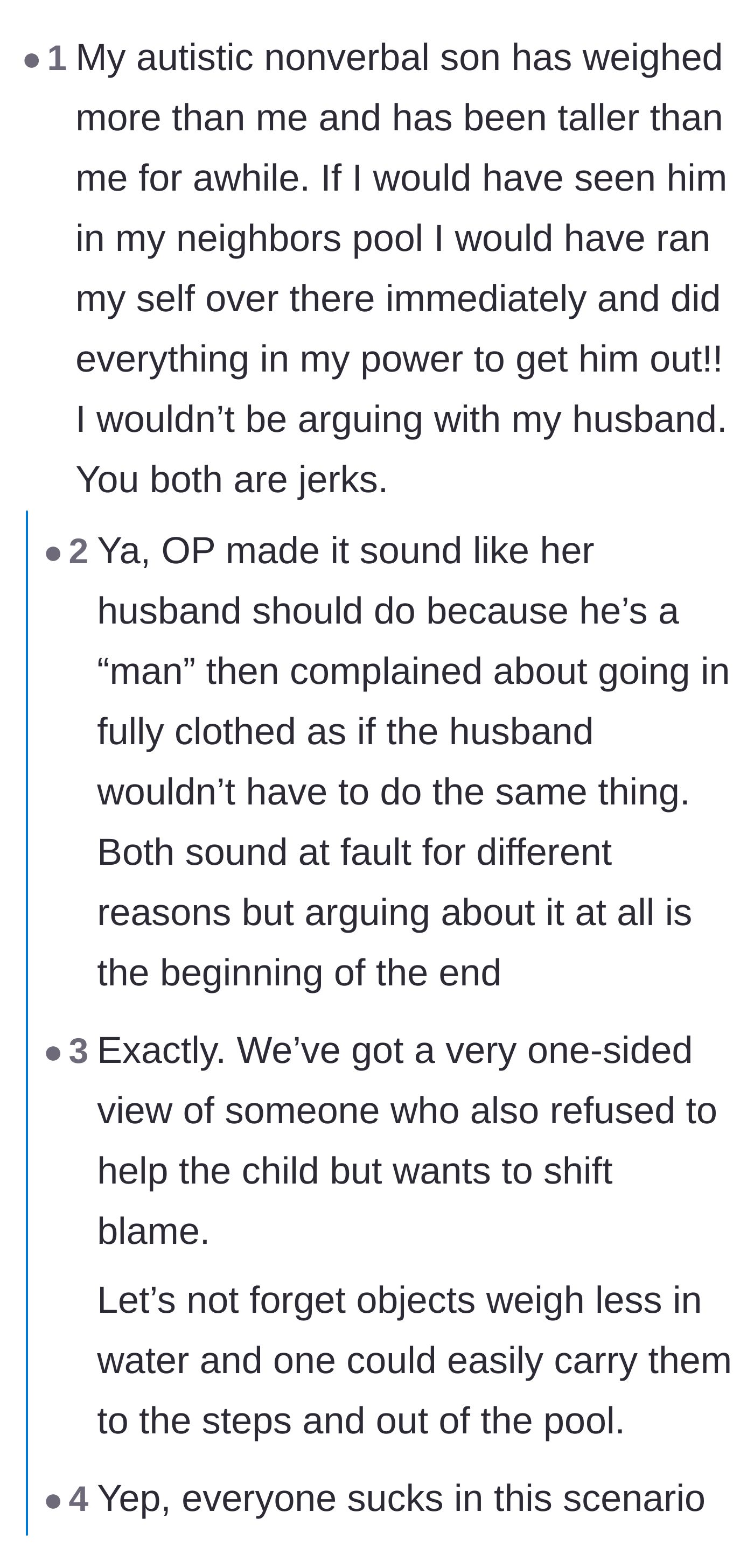 Comment thread 5 - A debate criticizing both parents for arguing at the pool and discussing the physical difficulty of water rescues