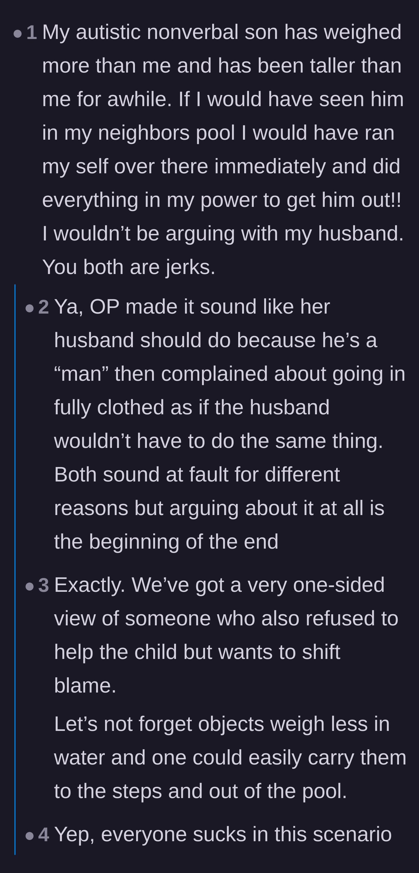 Comment thread 5 - A debate criticizing both parents for arguing at the pool and discussing the physical difficulty of water rescues