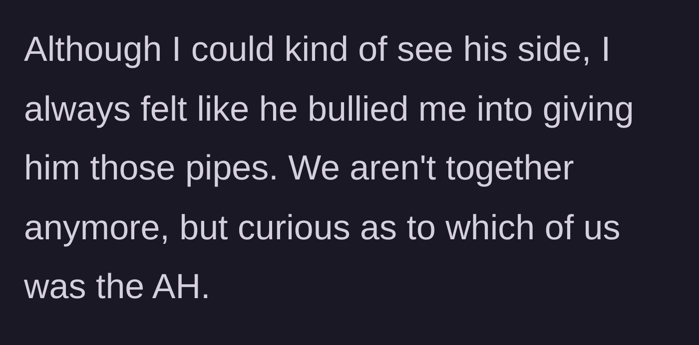 Story part 3 - Main character reflects on feeling bullied into submission, mentions they broke up, and asks if she was in the wrong.