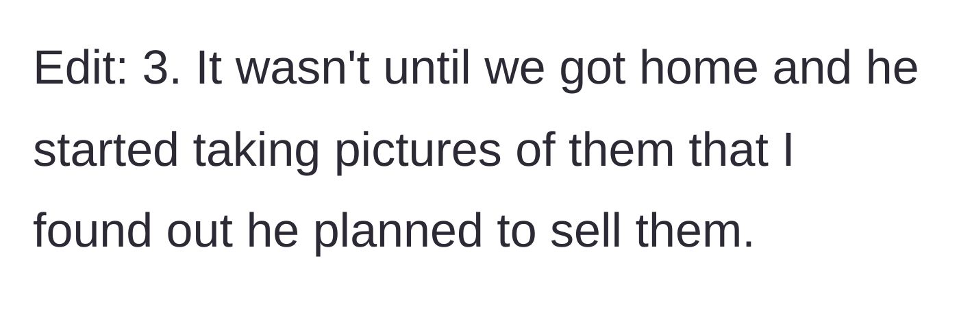 Story part 6 - Revelation that she only discovered his plan to sell the pipes once they got home.
