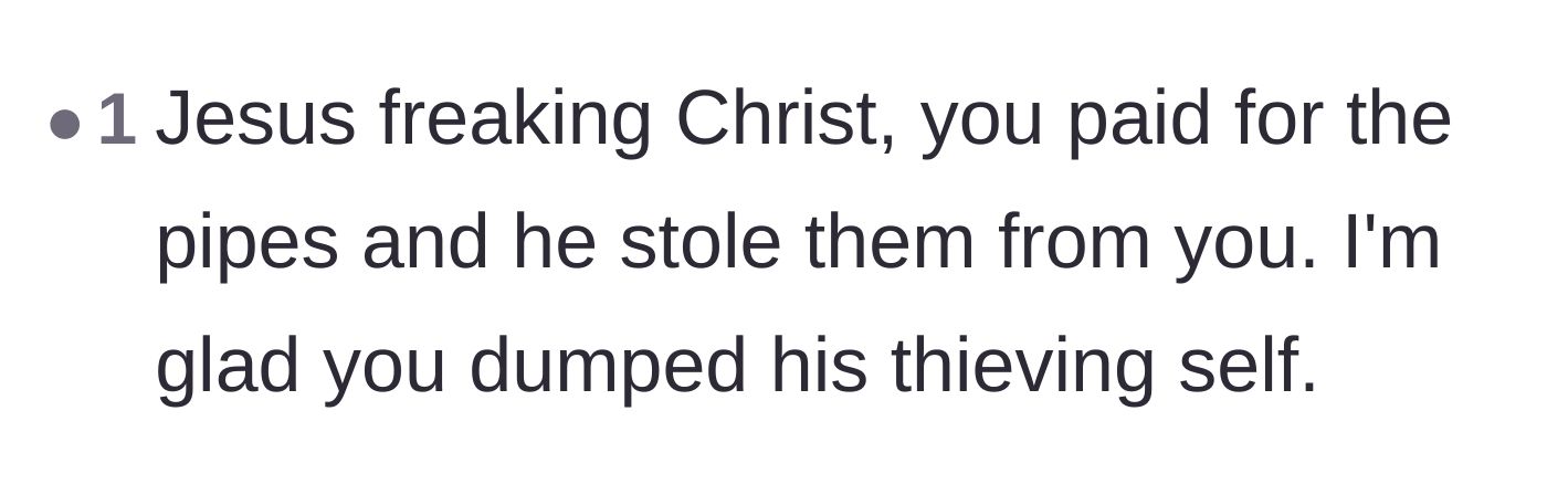 Comment thread 1 - A blunt reaction calling the ex-boyfriend a thief and praising the main character for ending the relationship.