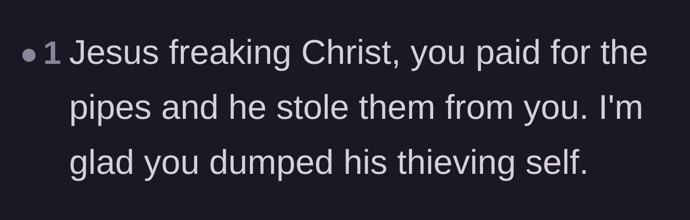 Comment thread 1 - A blunt reaction calling the ex-boyfriend a thief and praising the main character for ending the relationship.