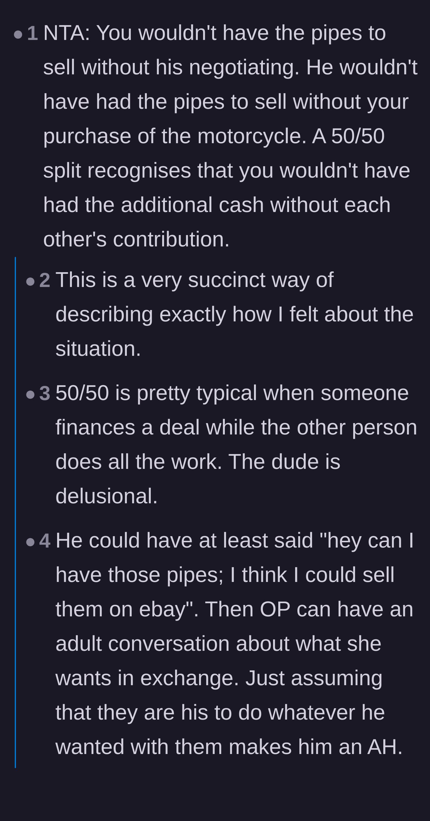 Comment thread 2 - A deep dive into the logic of a 50/50 split, paired with a wild story about a roommate demanding cash for a membership discount.