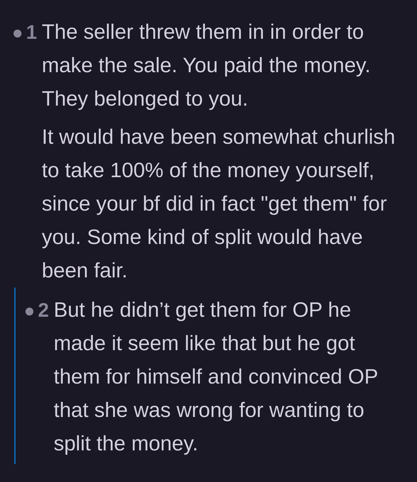 Comment thread 4 - A discussion on how the boyfriend weaponized a seemingly helpful favor purely for his own financial gain.