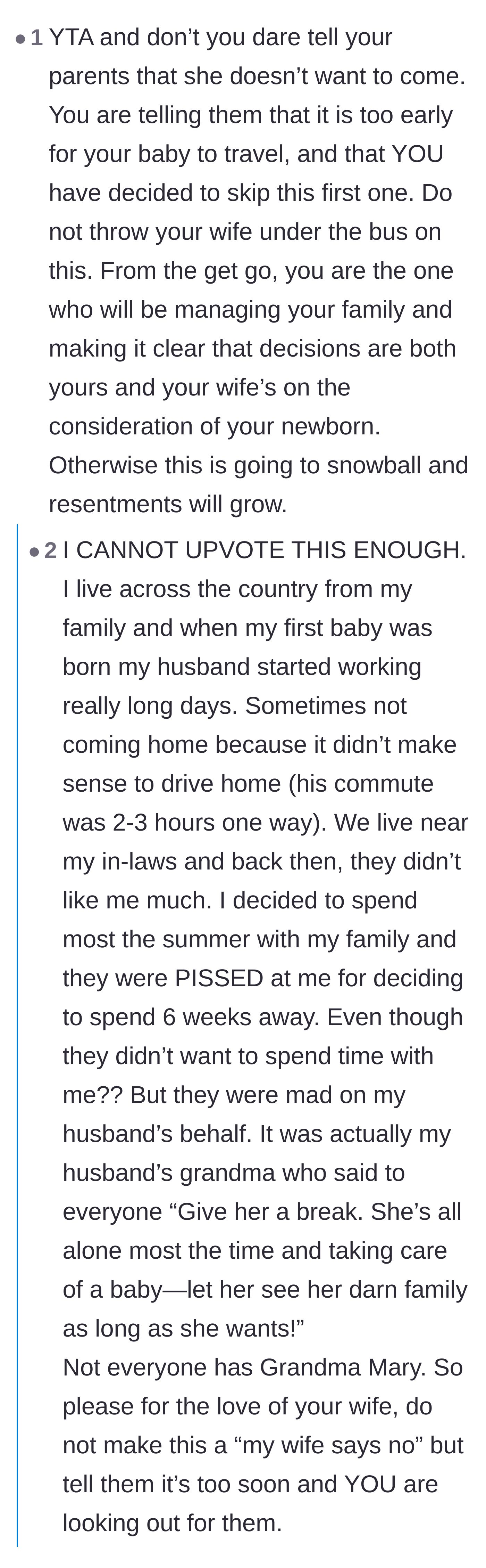 Comment thread 1 - Advice demanding the husband take the blame for canceling the trip instead of putting it on his wife