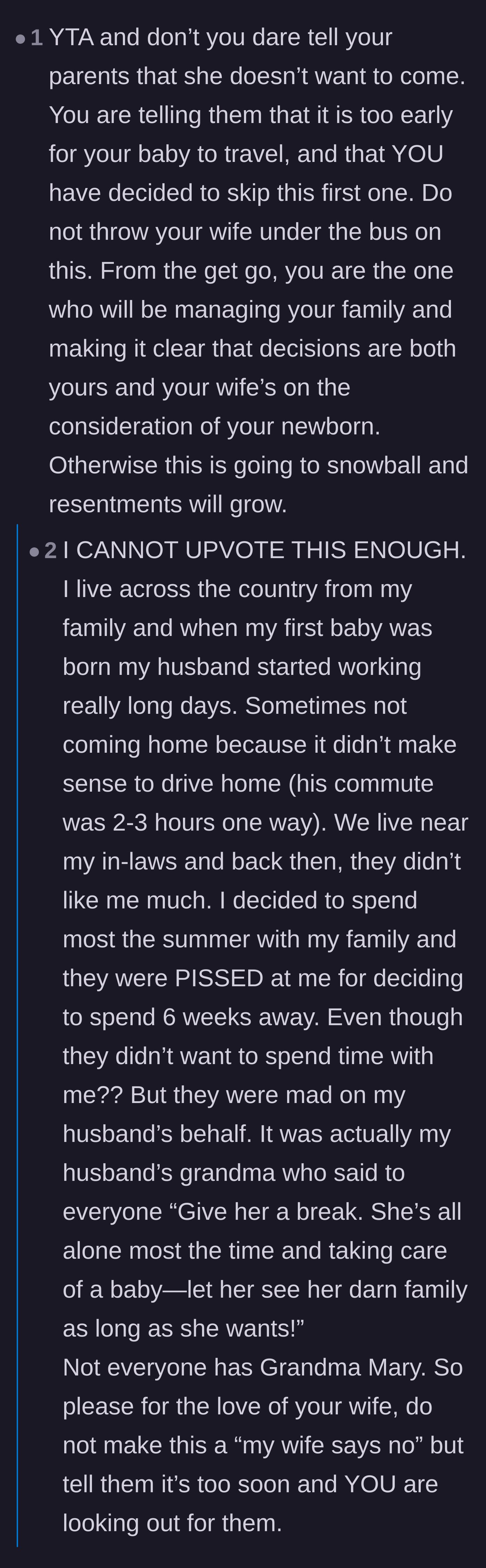 Comment thread 1 - Advice demanding the husband take the blame for canceling the trip instead of putting it on his wife