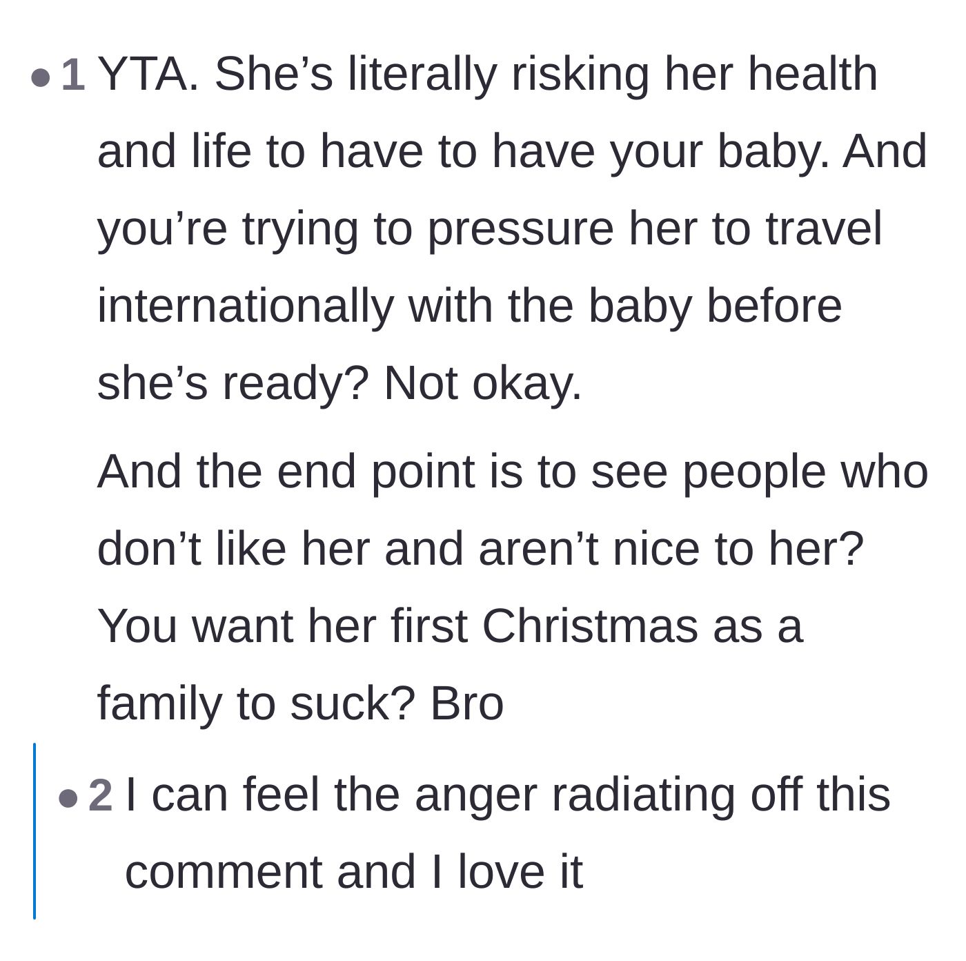 Comment thread 3 - A stark breakdown of the grueling physical recovery of childbirth and why sitting on a plane while healing is a terrible idea