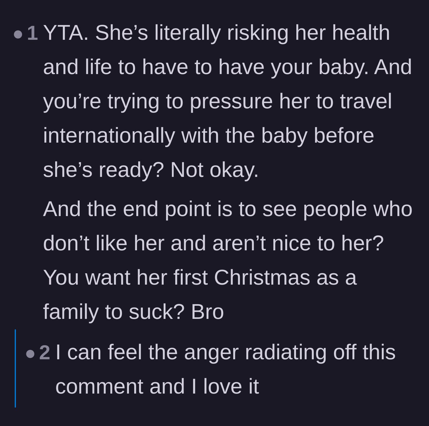 Comment thread 3 - A stark breakdown of the grueling physical recovery of childbirth and why sitting on a plane while healing is a terrible idea