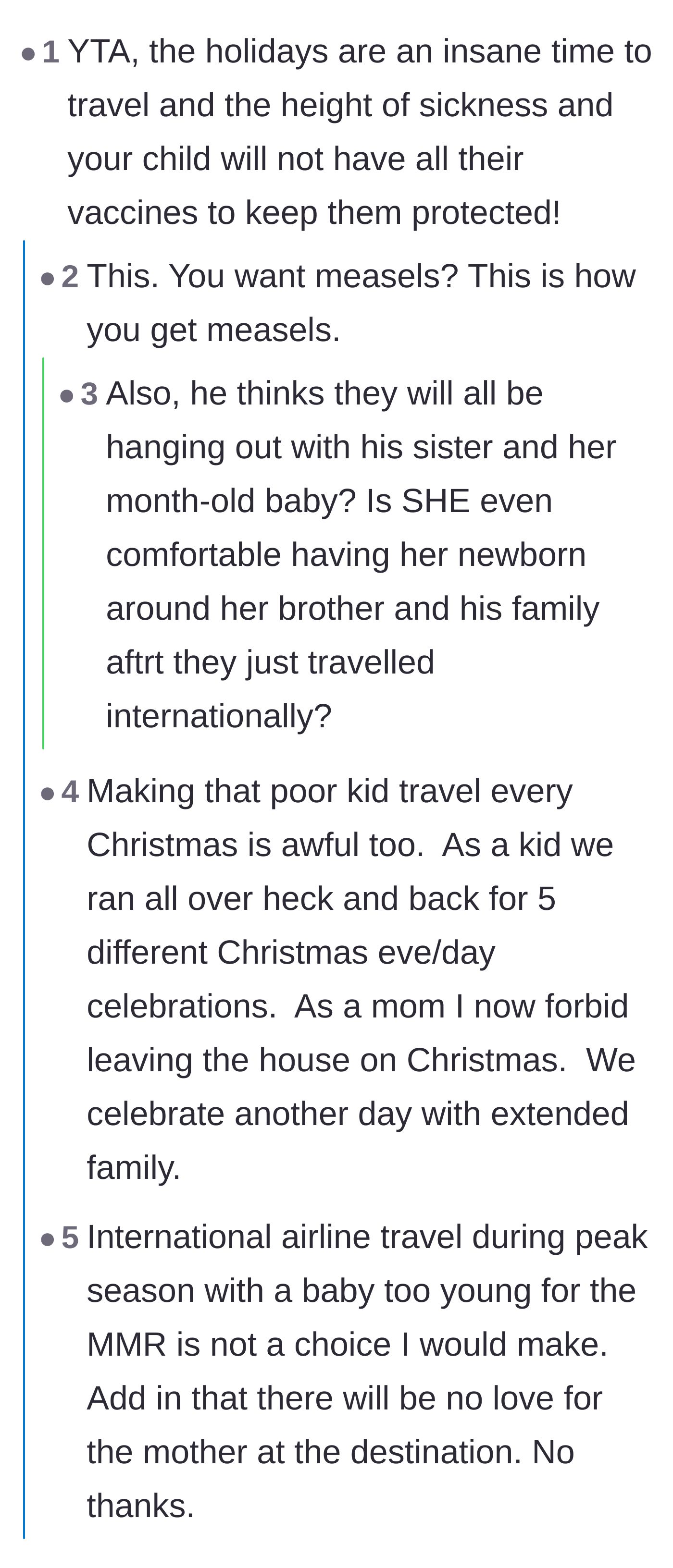 Comment thread 4 - Discussions about the danger of flying during flu season with an unvaccinated baby and the sadness of missing Christmas at home
