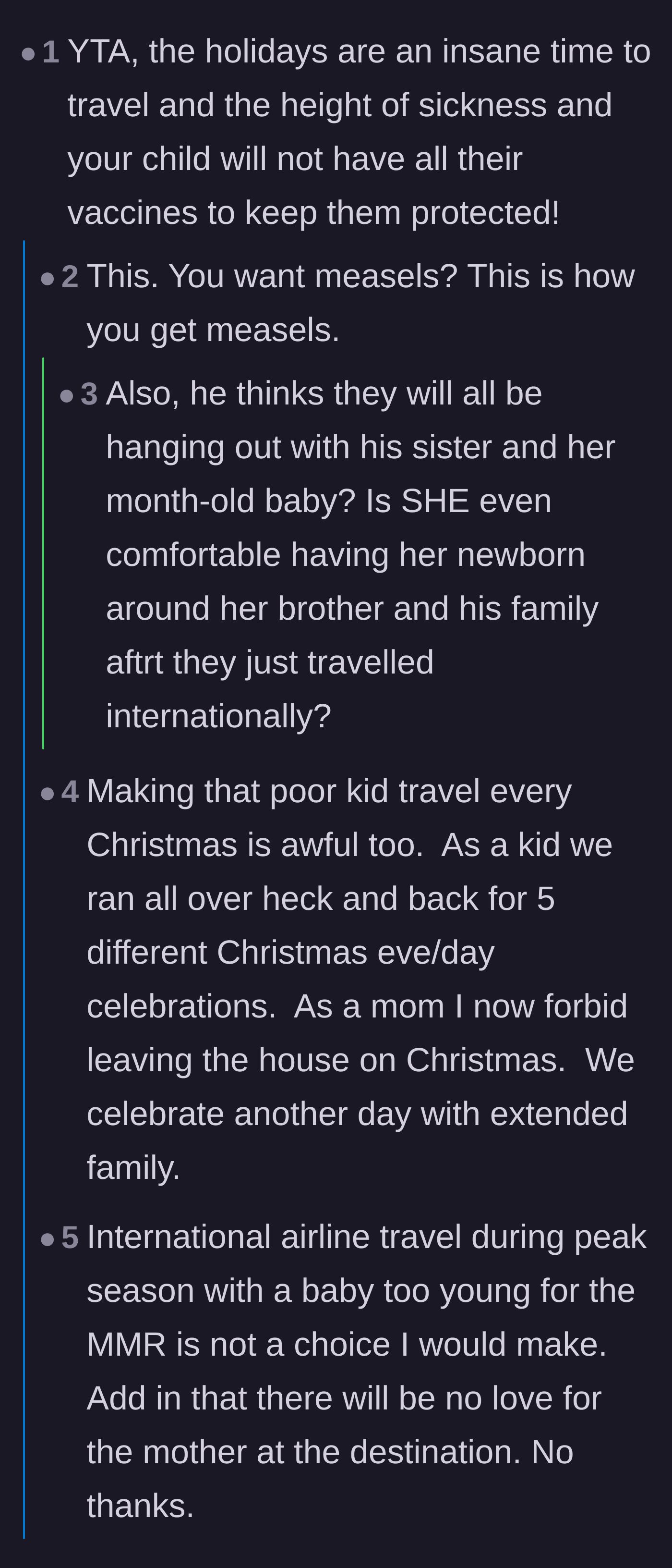 Comment thread 4 - Discussions about the danger of flying during flu season with an unvaccinated baby and the sadness of missing Christmas at home
