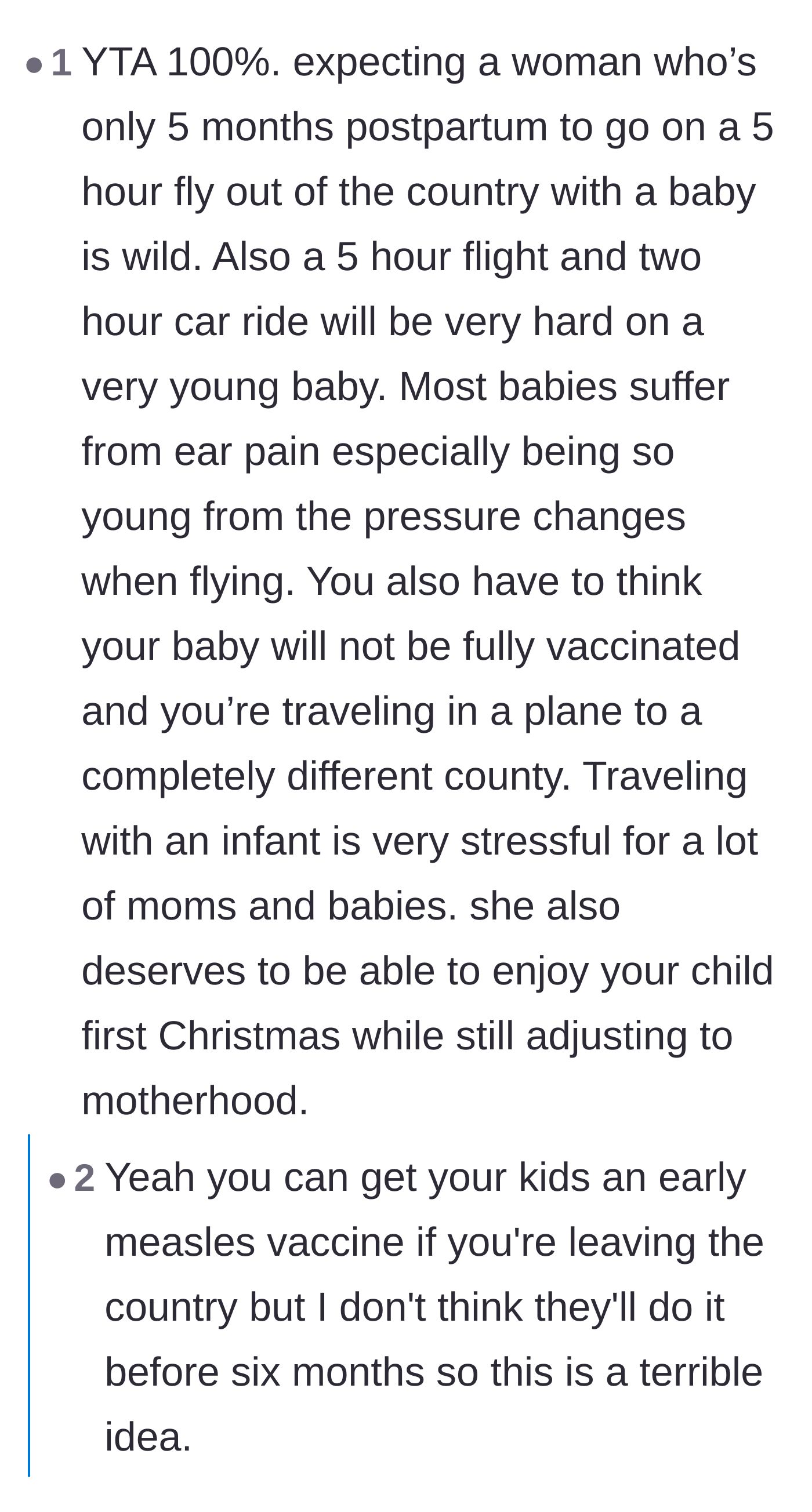 Comment thread 6 - A breakdown of the exhausting logistical nightmare of a five-hour international flight and two-hour drive with an infant