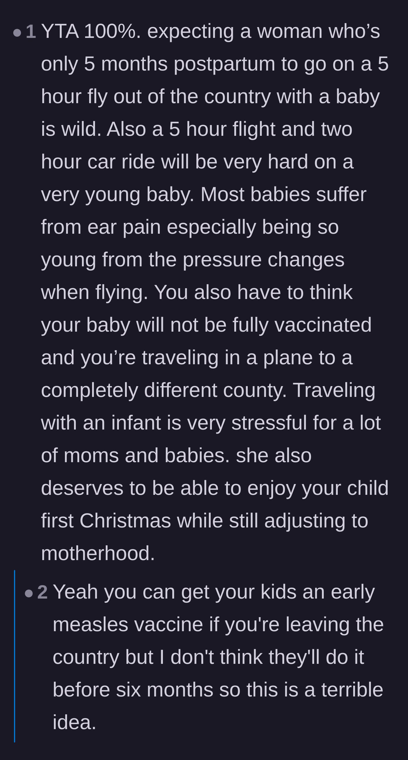 Comment thread 6 - A breakdown of the exhausting logistical nightmare of a five-hour international flight and two-hour drive with an infant