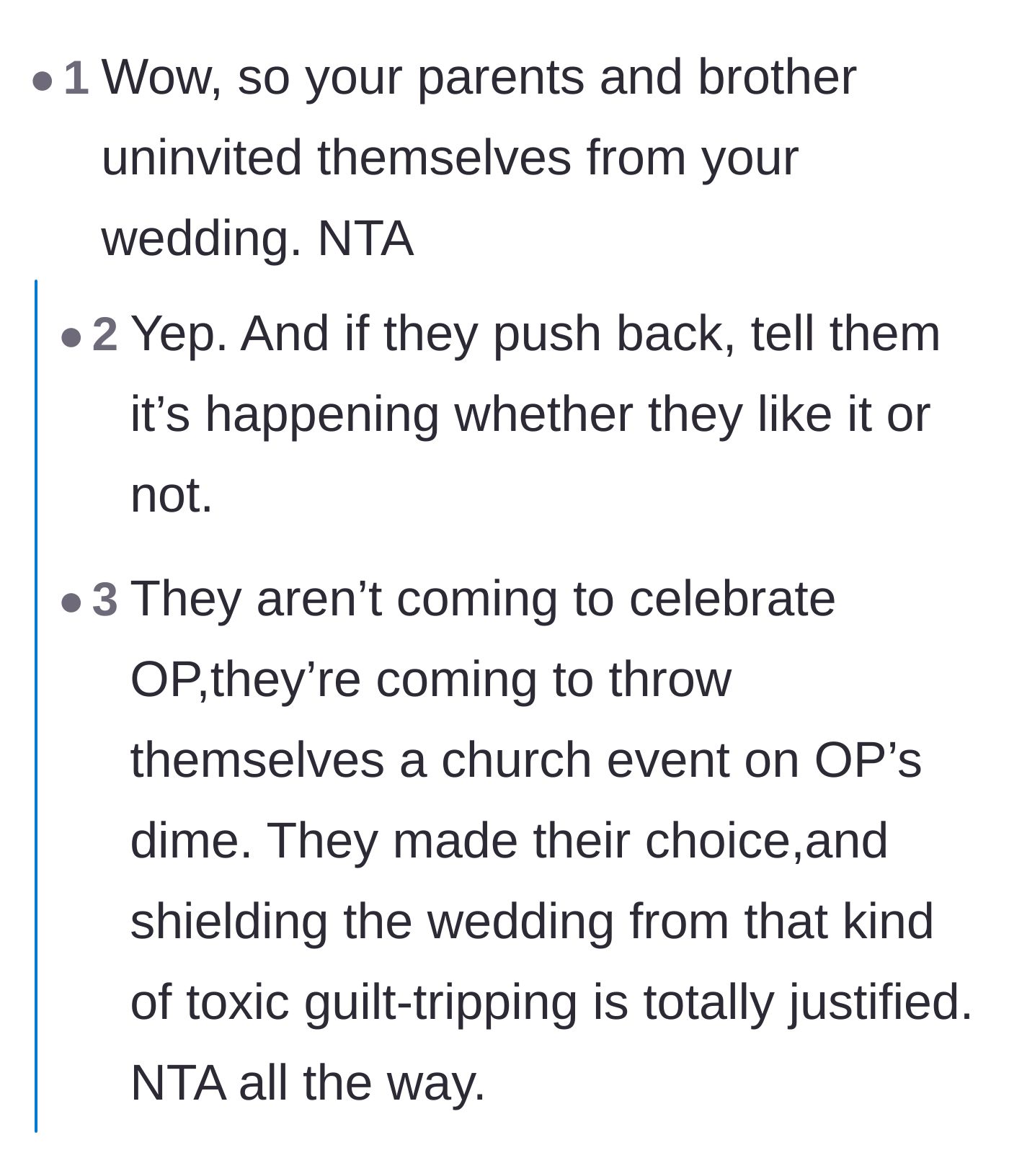 Comment thread 1 - Readers suggesting uninviting the family and secretly changing the ceremony schedule