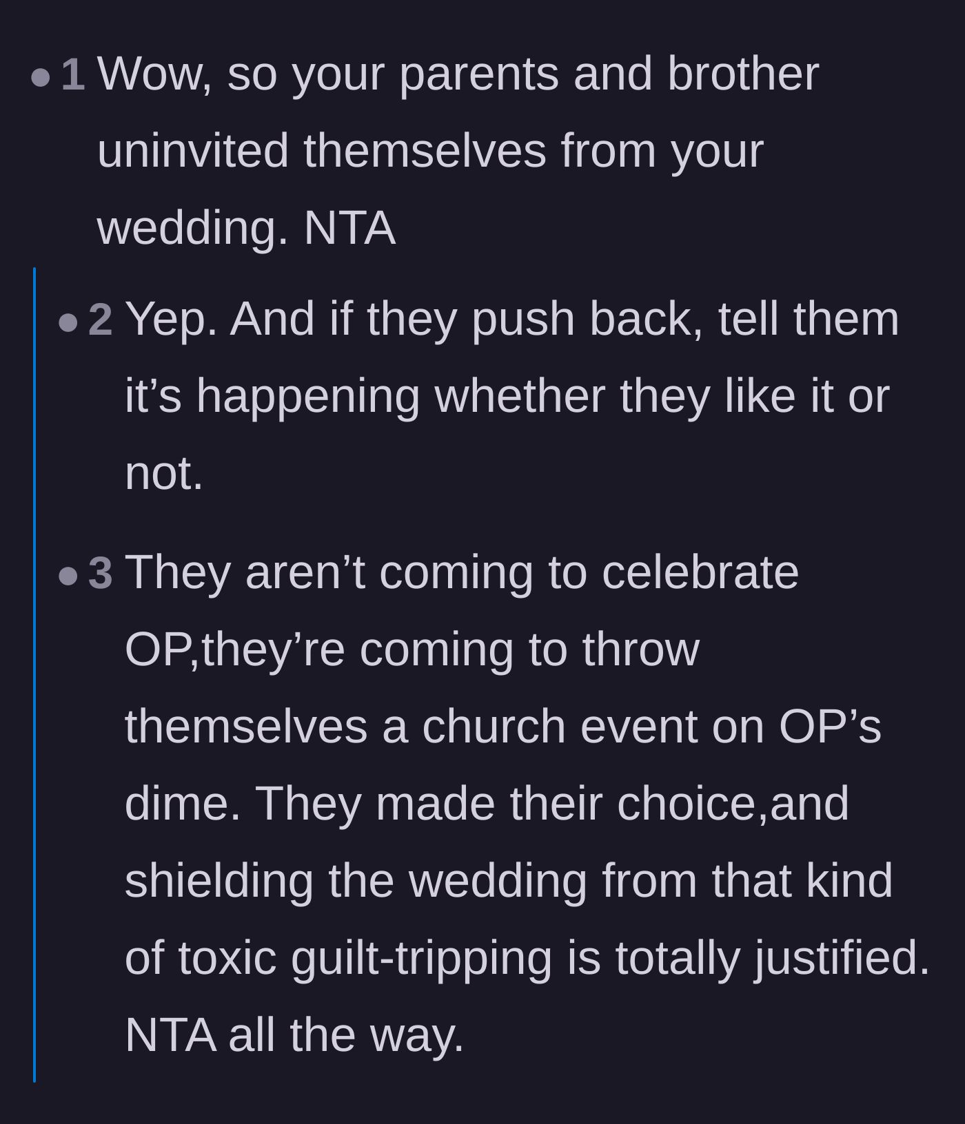 Comment thread 1 - Readers suggesting uninviting the family and secretly changing the ceremony schedule