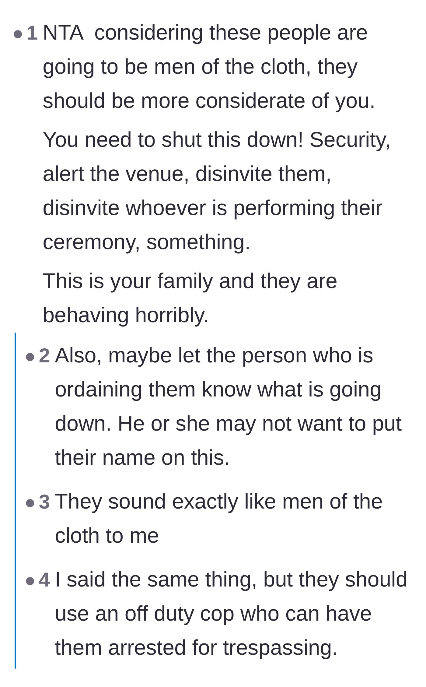 Comment thread 2 - Debate over hiring wedding security and whether the church leaders are in on the scheme