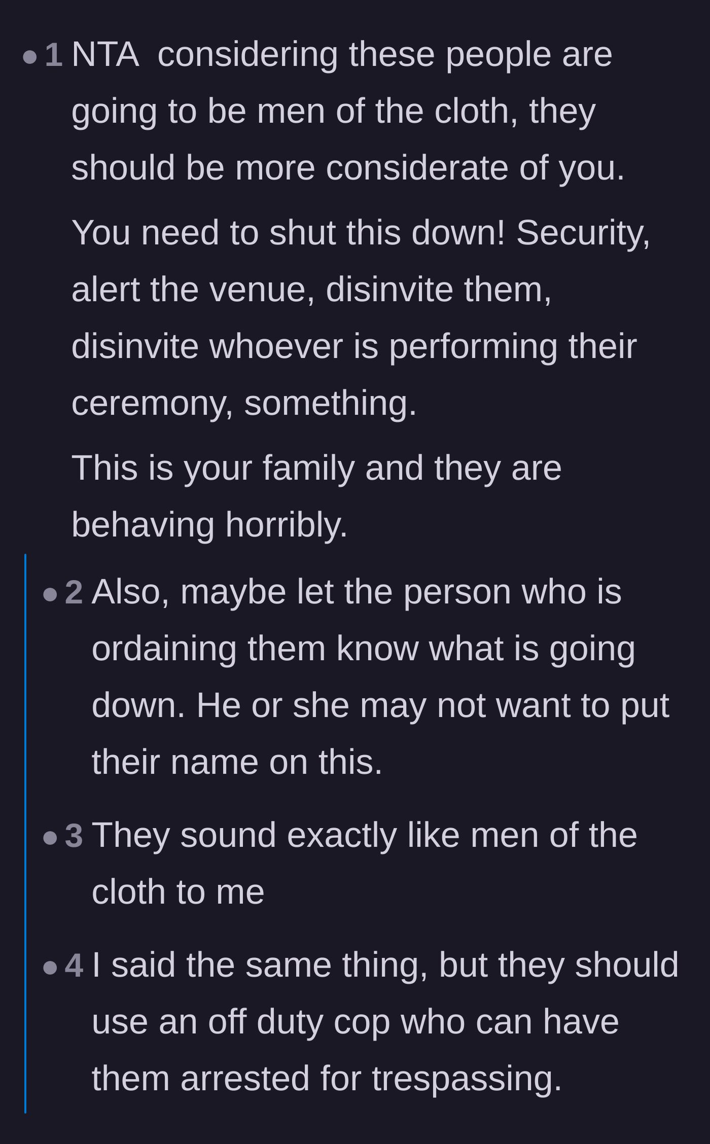 Comment thread 2 - Debate over hiring wedding security and whether the church leaders are in on the scheme