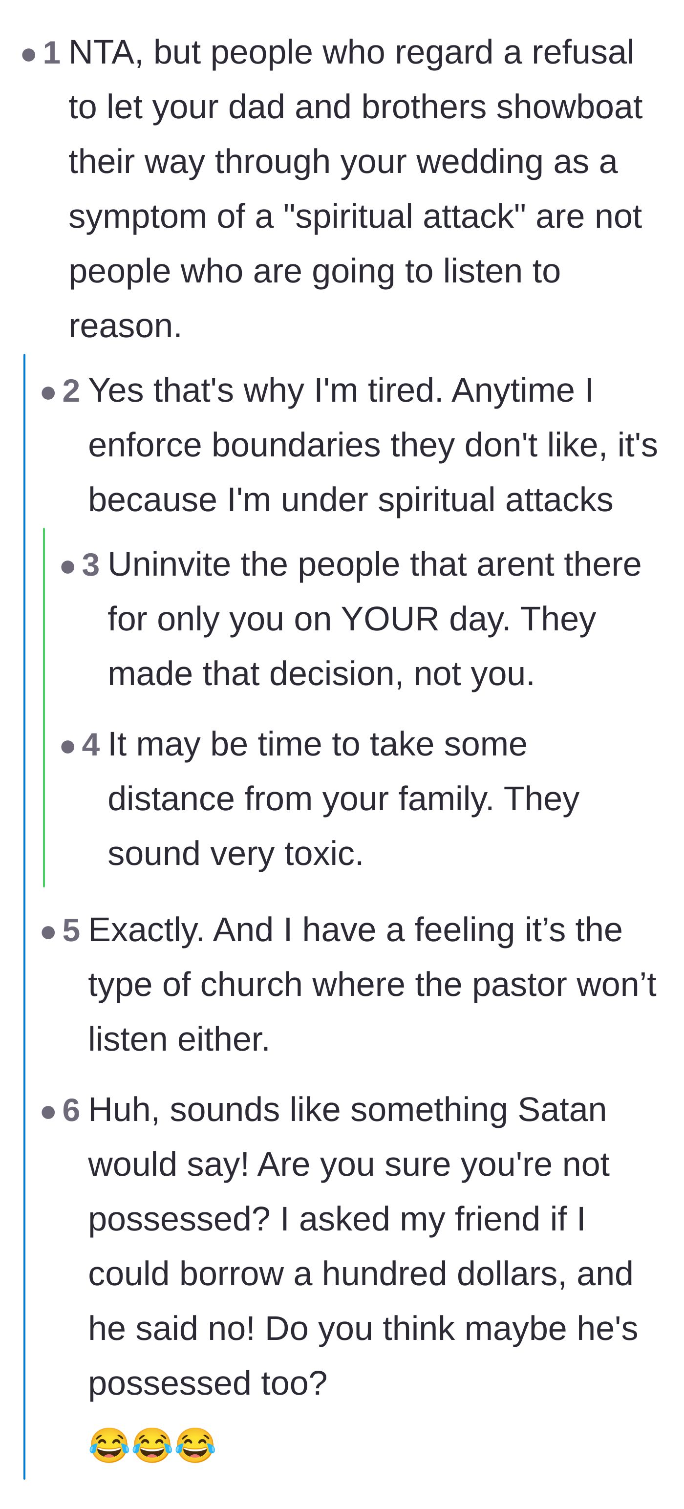 Comment thread 4 - The author admits the family always blames boundaries on spiritual attacks while readers mock the excuse