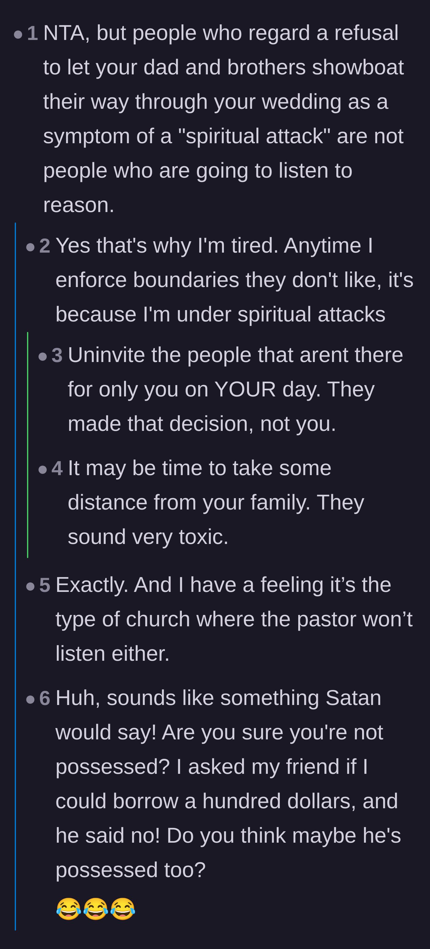 Comment thread 4 - The author admits the family always blames boundaries on spiritual attacks while readers mock the excuse