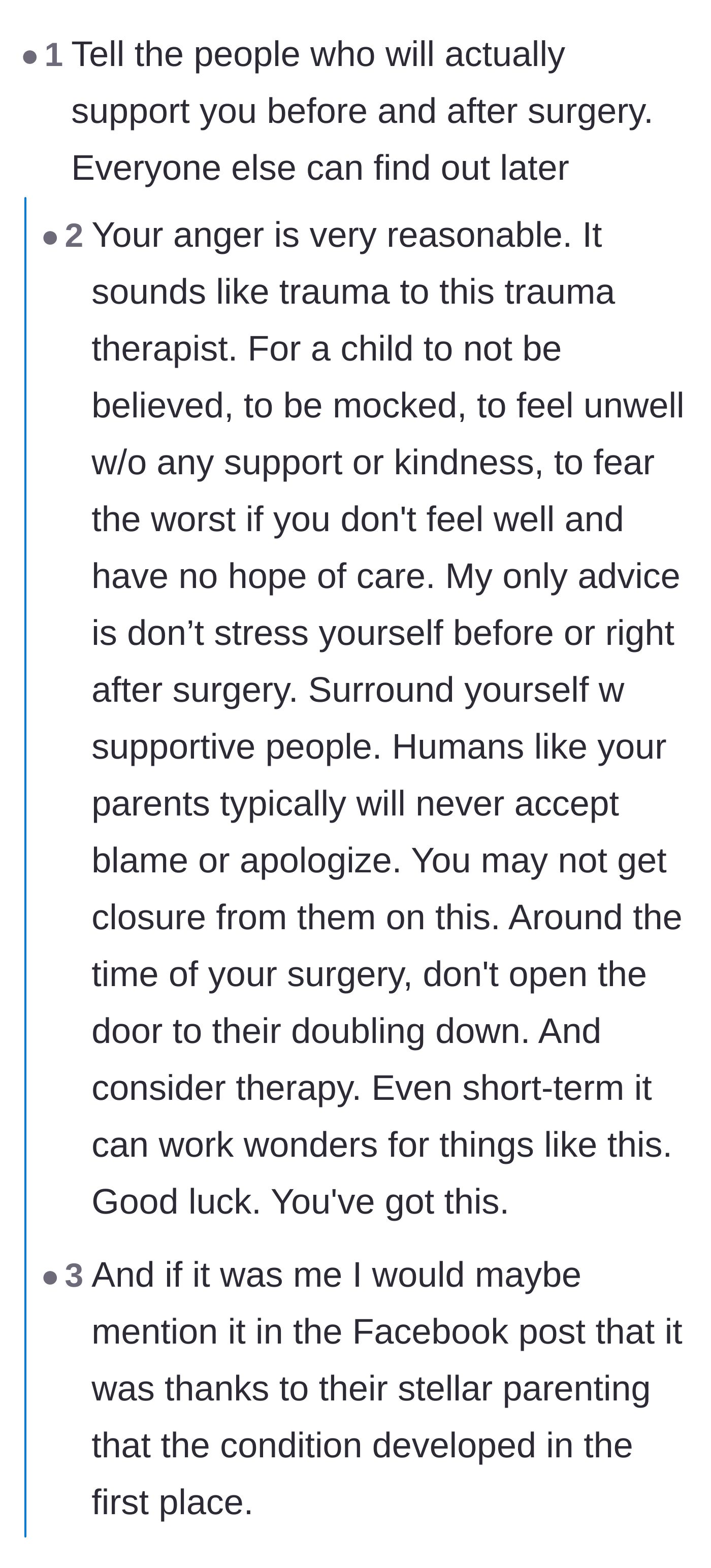 Comment thread 1 - Advice from a trauma therapist about surrounding oneself with supportive people and accepting that abusers rarely apologize.