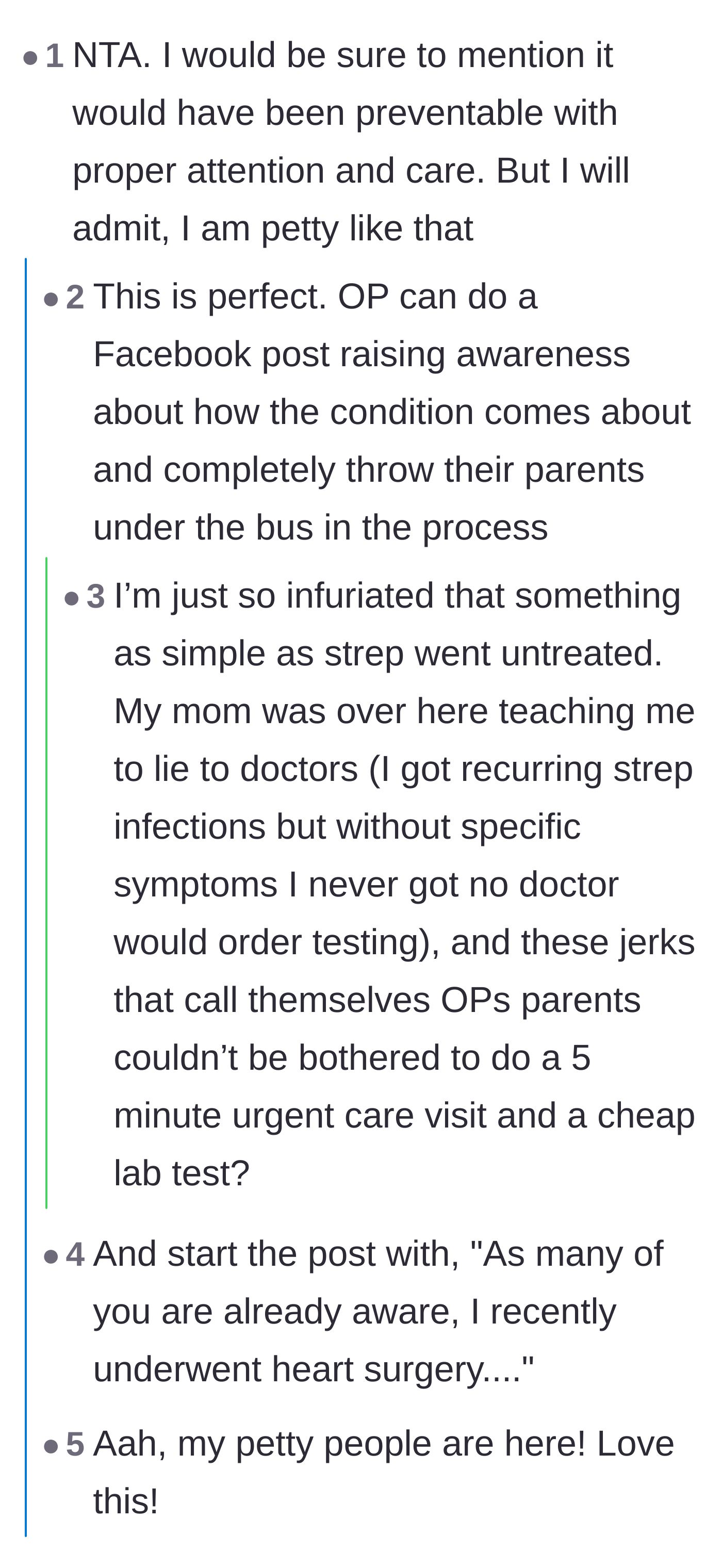 Comment thread 2 - Commenters expressing outrage over the parents failing to treat a simple strep infection and suggesting the author publicly call them out.