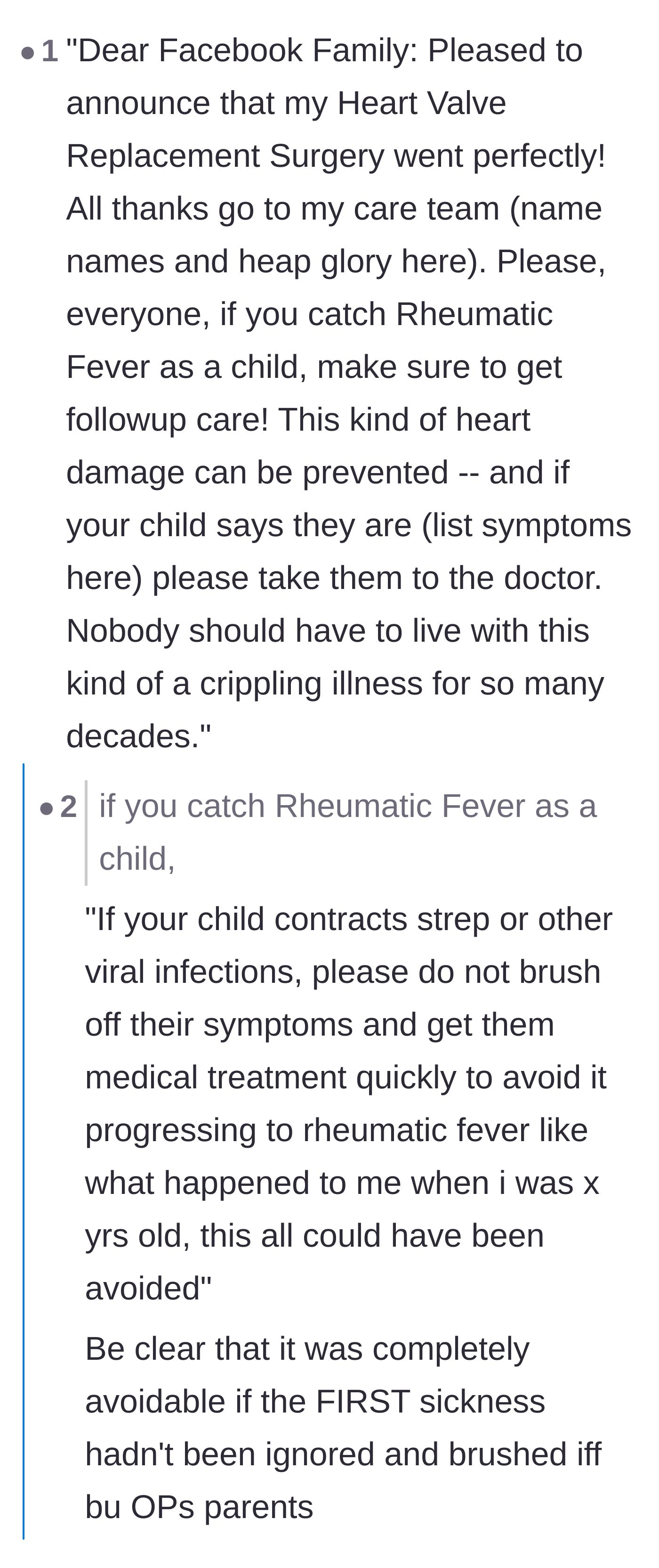 Comment thread 3 - A proposed Facebook post template warning other parents about untreated strep, sparking others to share their own medical neglect stories.