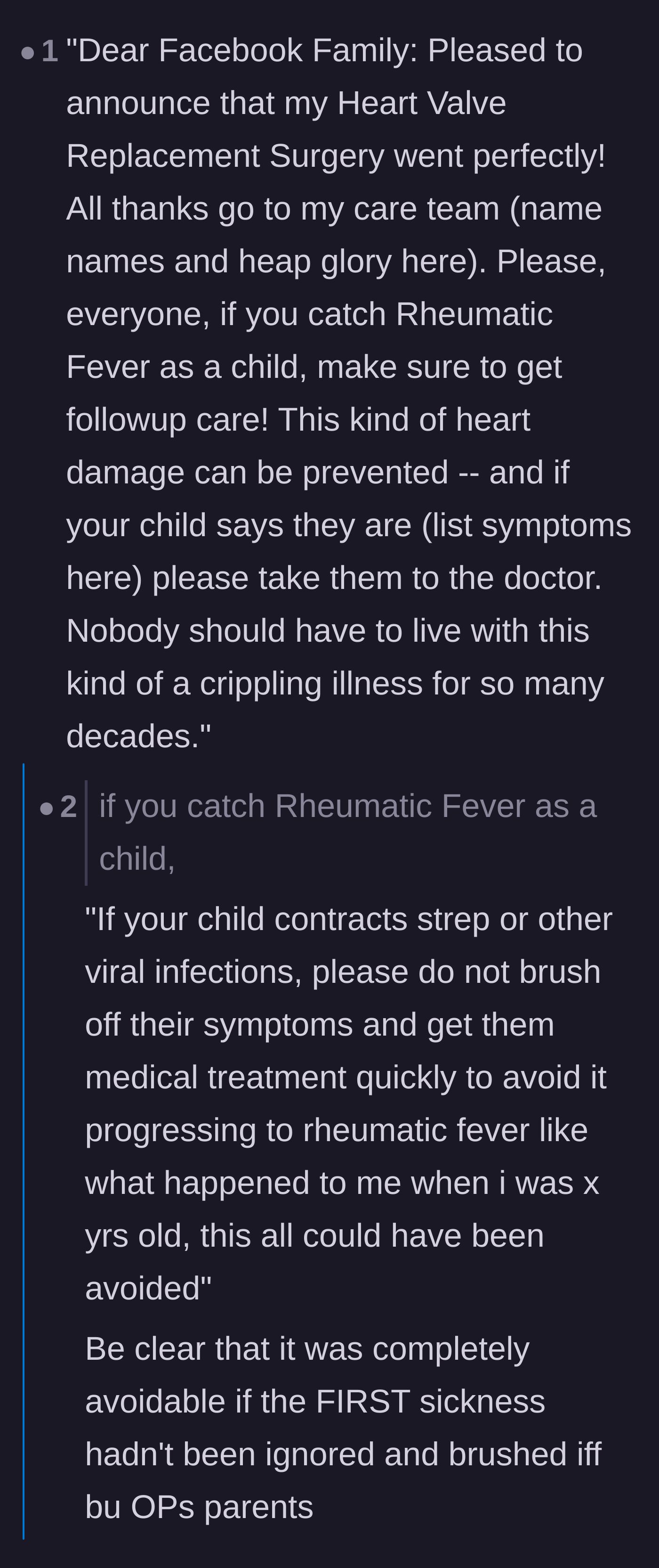 Comment thread 3 - A proposed Facebook post template warning other parents about untreated strep, sparking others to share their own medical neglect stories.