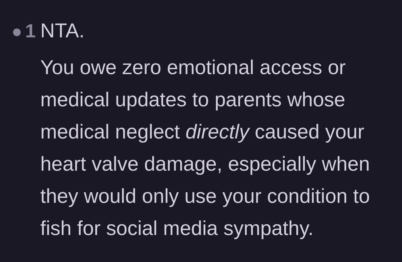 Comment thread 4 - A direct comment stating the author owes zero emotional access to the parents who caused her heart damage.